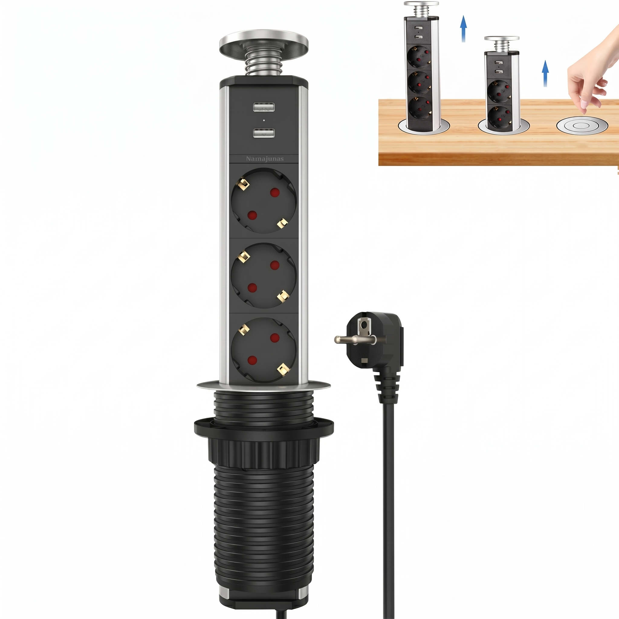 Ein ausziehbarer Steckdosen- und USB-Turm mit schwarzem Gehäuse und Silber.
