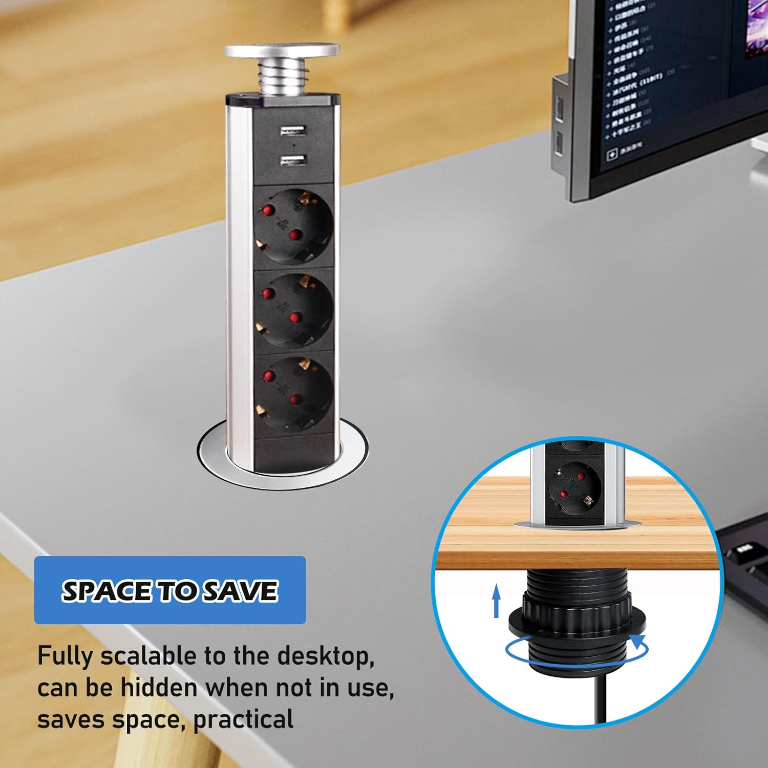 Ein versenkbarer Steckdosen- und USB-Turm, der in einen Schreibtisch eingebaut ist.