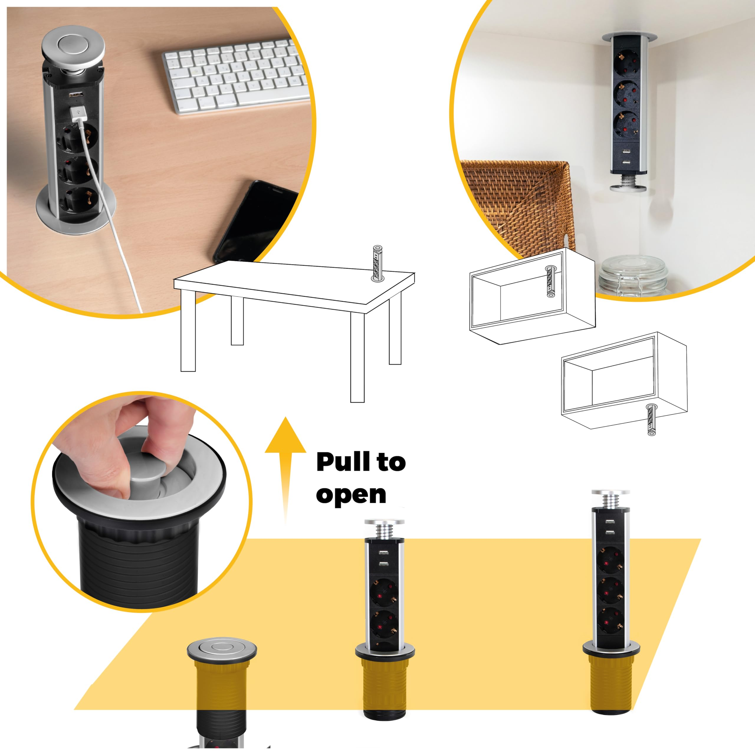 Ein ausziehbarer Steckdosen-Turm mit Steckdosen und USB-Anschlüssen.