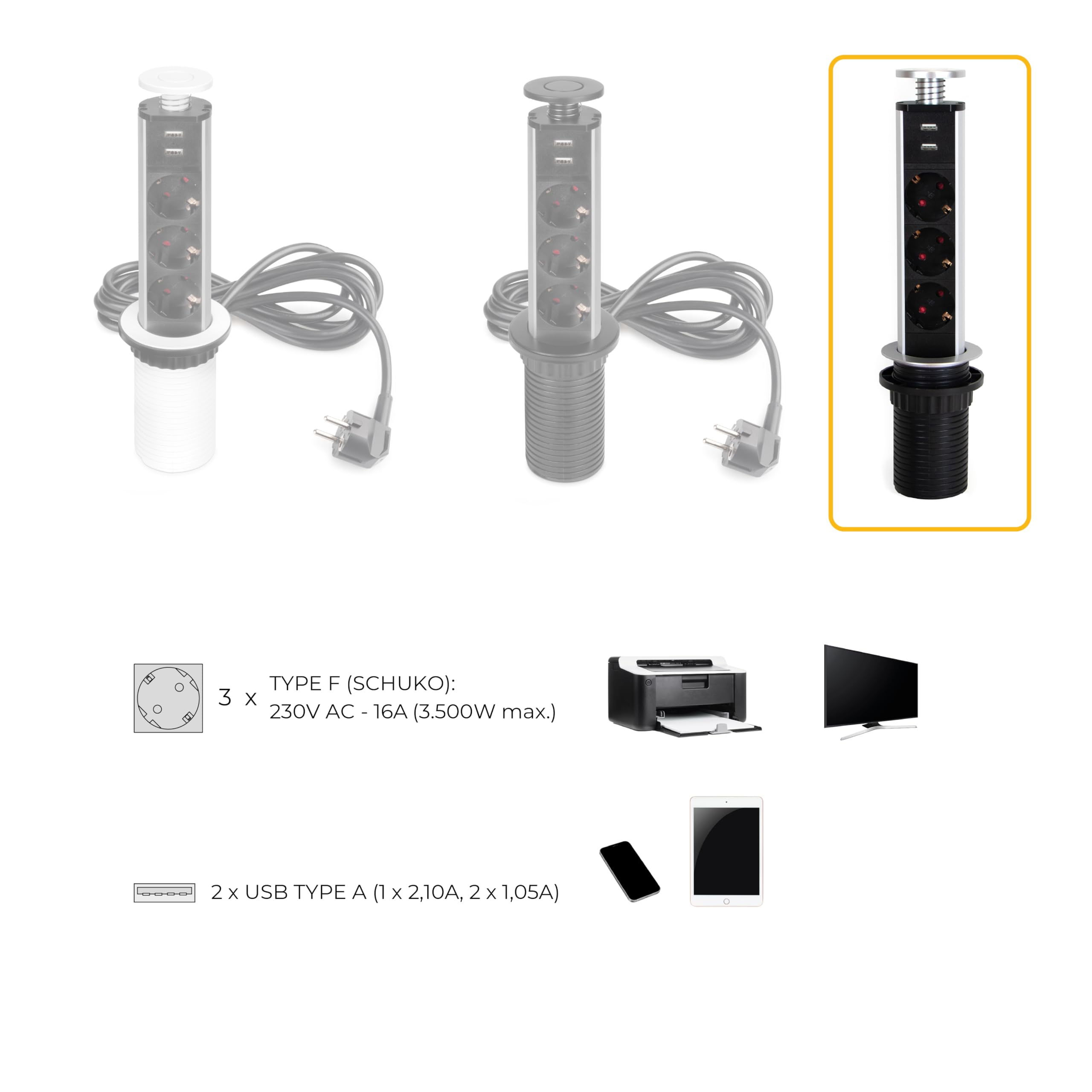 Ein ausziehbarer Stromanschluss mit 3 Steckdosen und 2 USB-Anschlüssen.