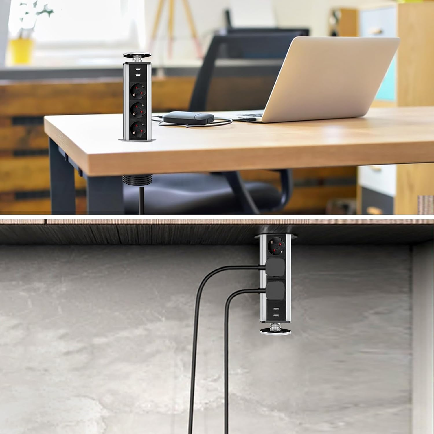 Einziehbarer Steckdosenleiste mit Steckdosen und USB-Anschlüssen auf und unter einem Schreibtisch.