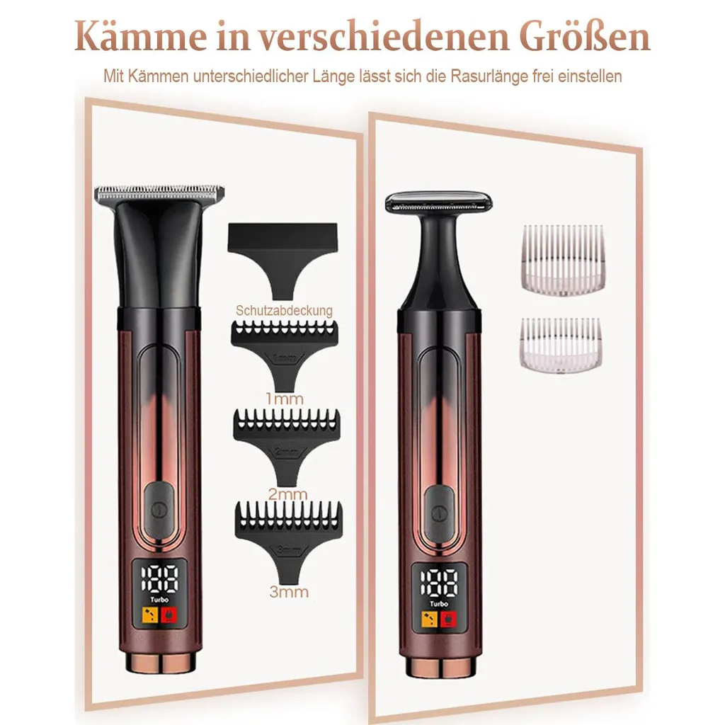 Zwei Trimmer mit verschiedenen Aufsätzen. Einer zeigt 4 Kammaufsätze.