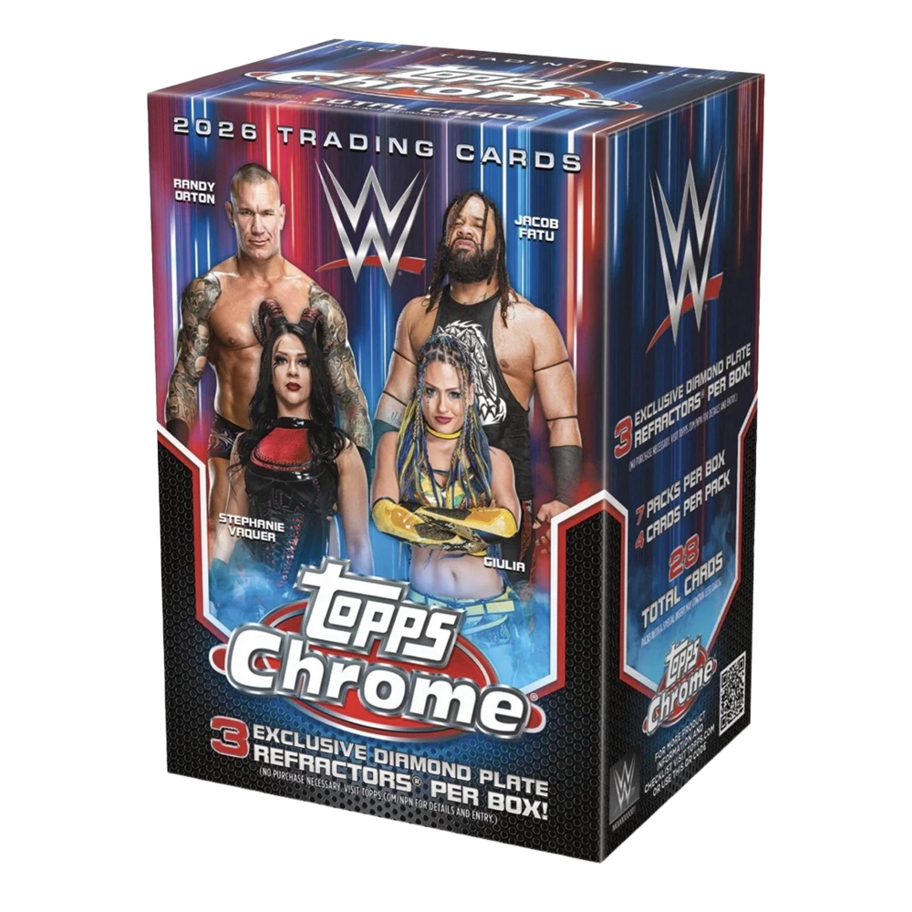 WWE Topps Chrome 2026 Trading Cards Box mit Randy Orton, Stephanie Vaquer, Jacob Fatu und Giulia.