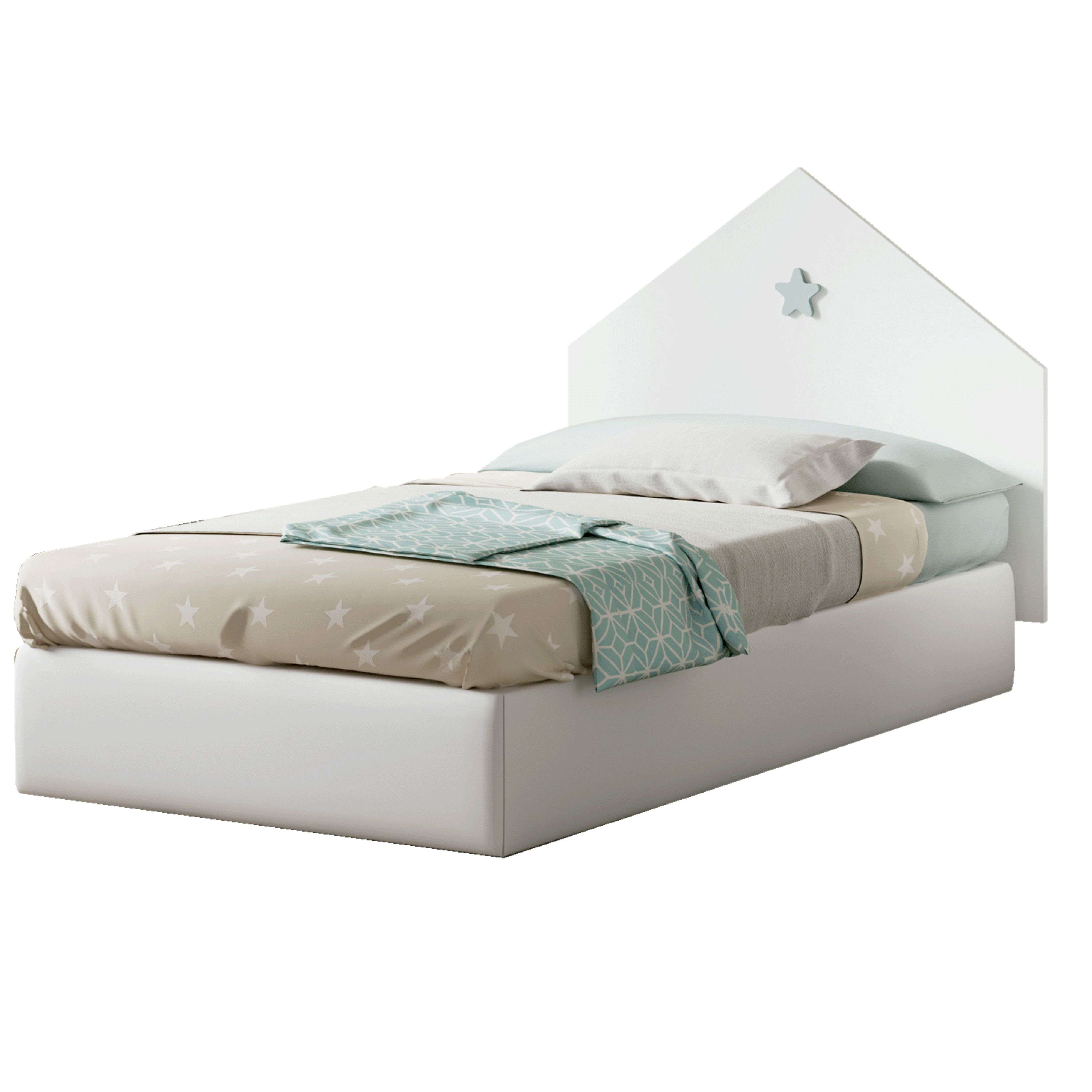 Una cama infantil blanca con ropa de cama de estrellas y una estrella en el cabecero.