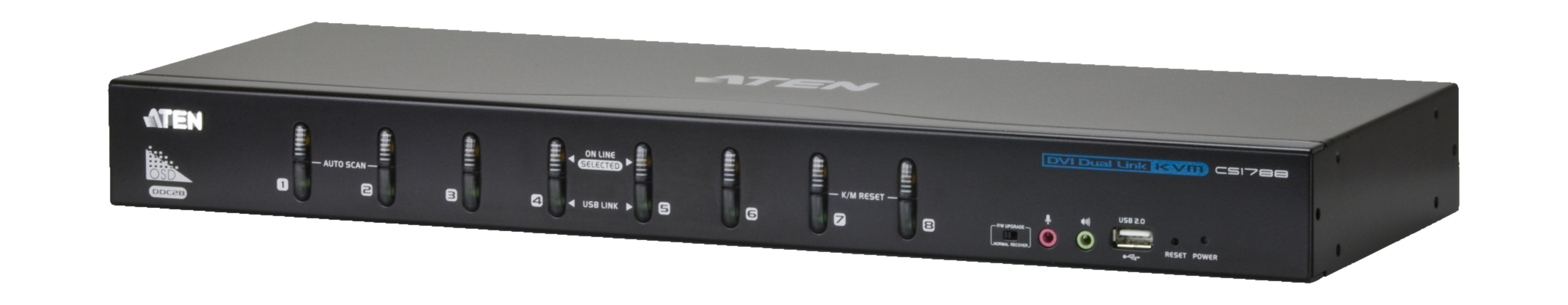 Schwarzer ATEN KVM-Switch mit 8 Kanälen, Beschriftungen und Anschlüssen.