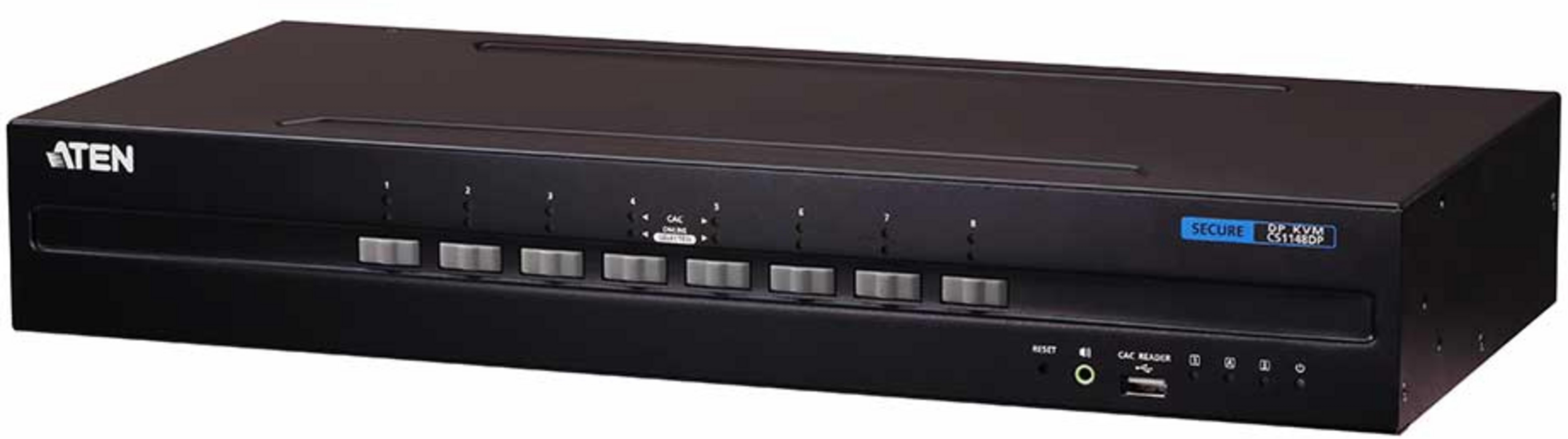 Switch KVM ATEN nero a 8 porte con pulsanti argentati e spie di stato.