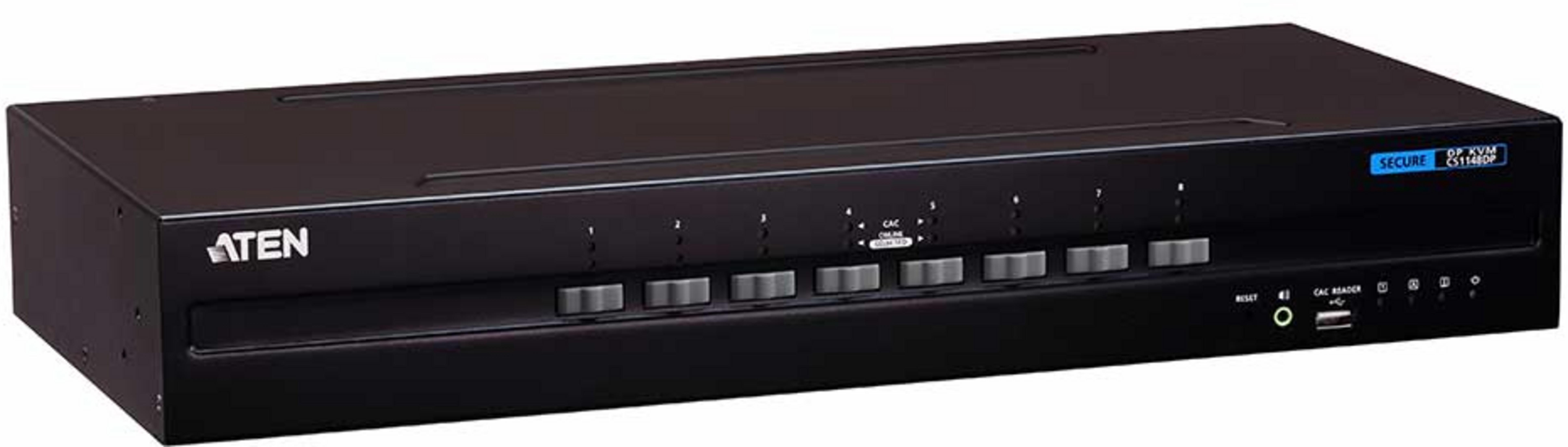 Switch KVM nero a 8 porte con pulsanti argentati e logo ATEN.