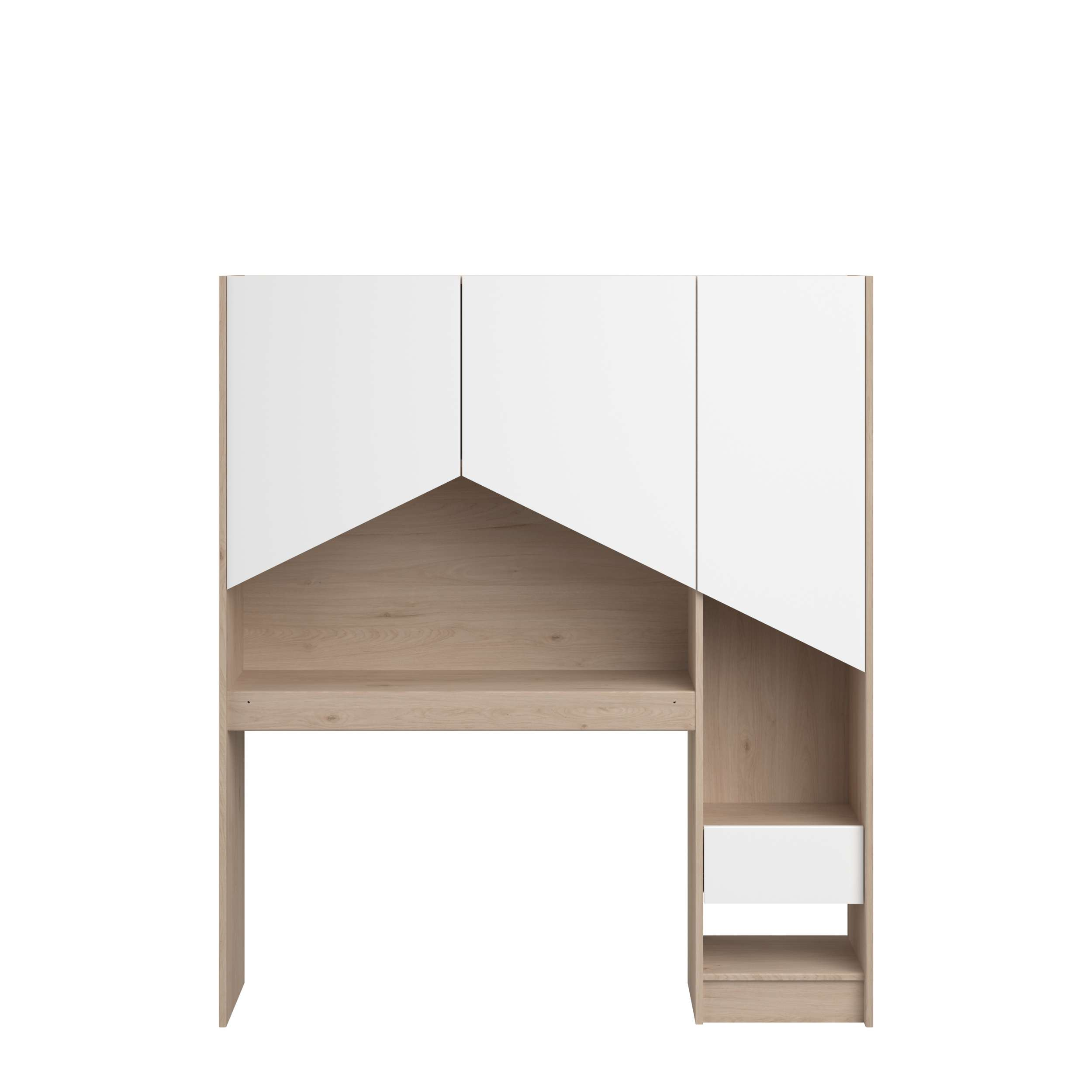 Un mueble de pared blanco y madera con tres puertas y un estante.