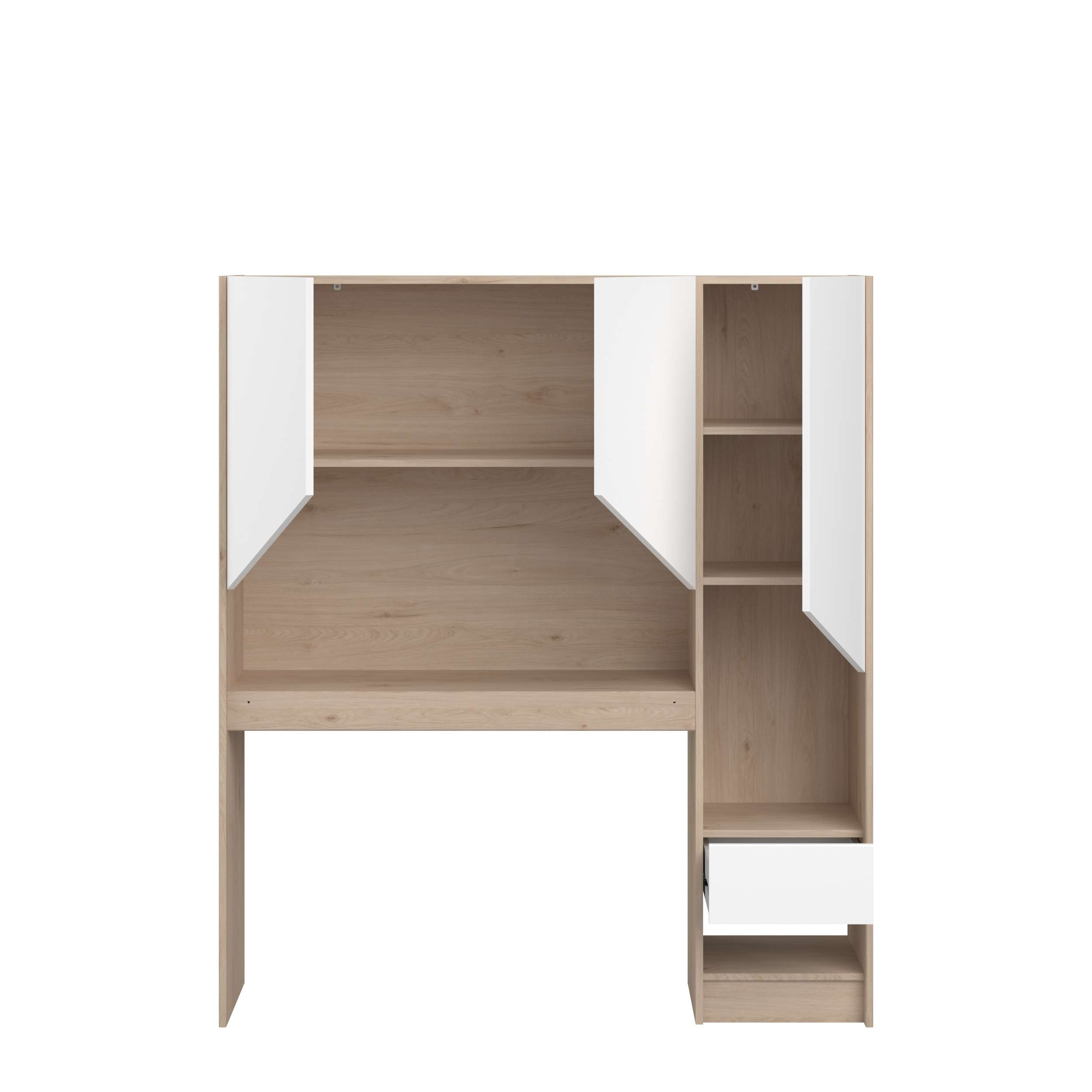 Un estante moderno de madera clara con detalles blancos y compartimentos.