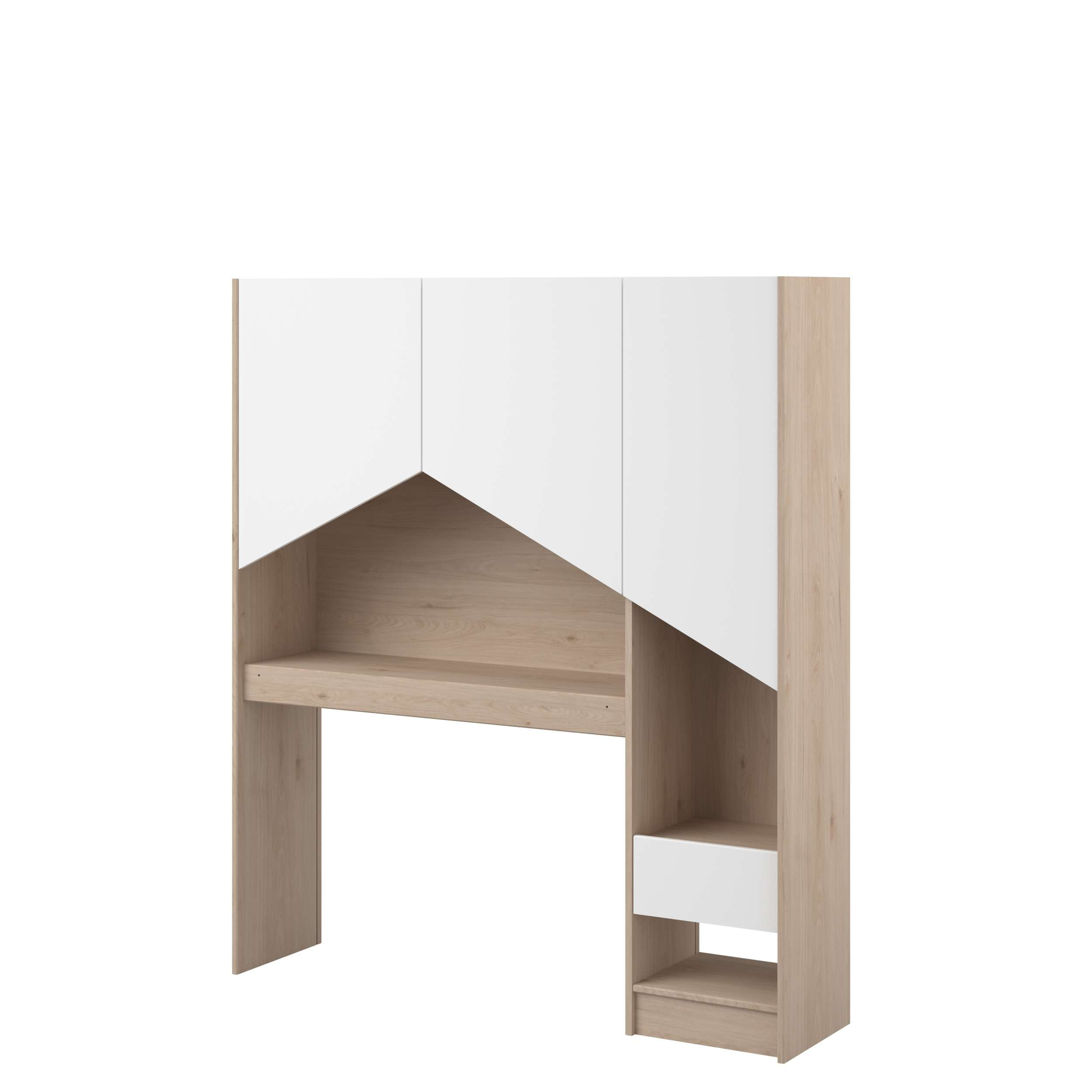 Un escritorio blanco con detalles de madera y cajones.