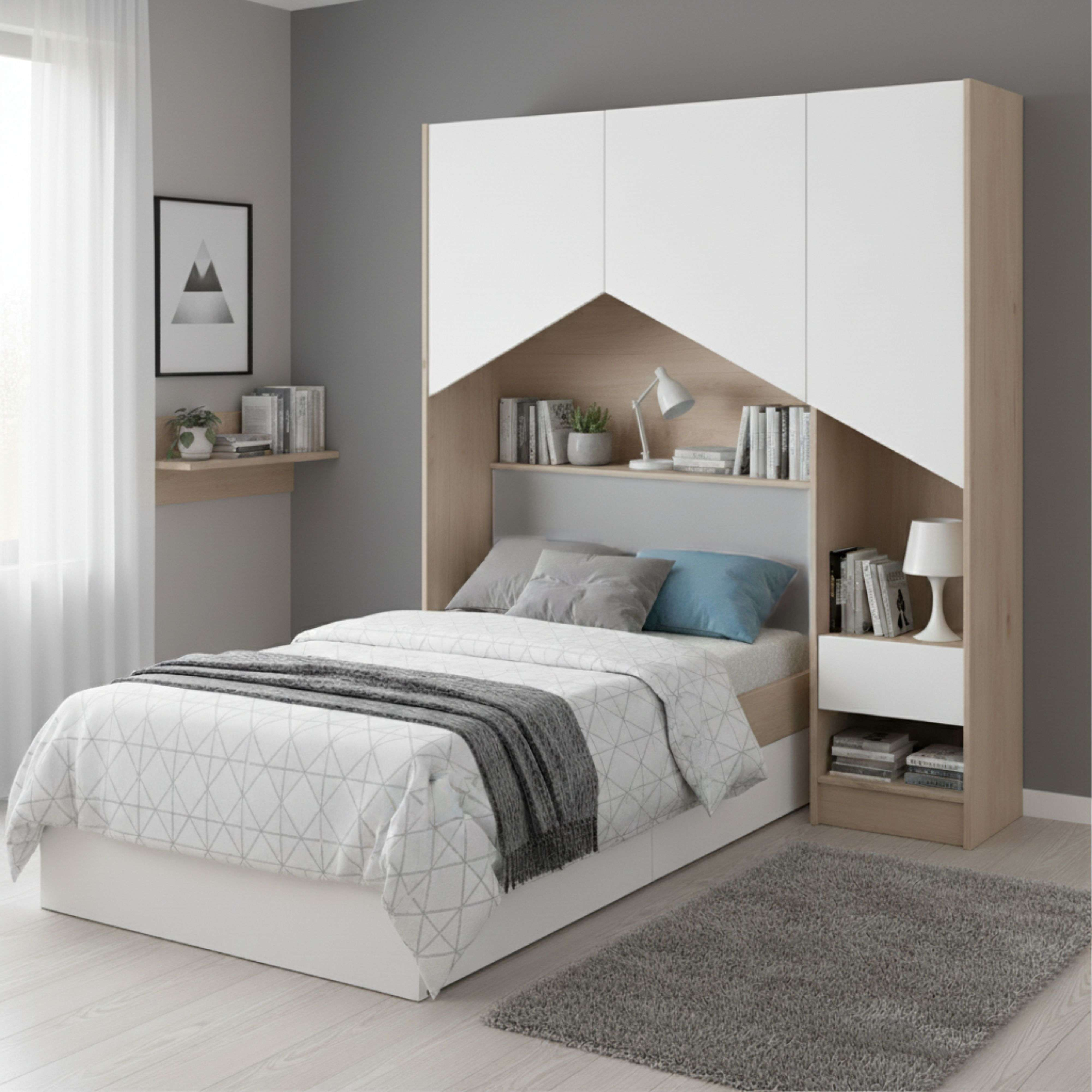 Dormitorio moderno con cama, armarios, estante y lámpara.