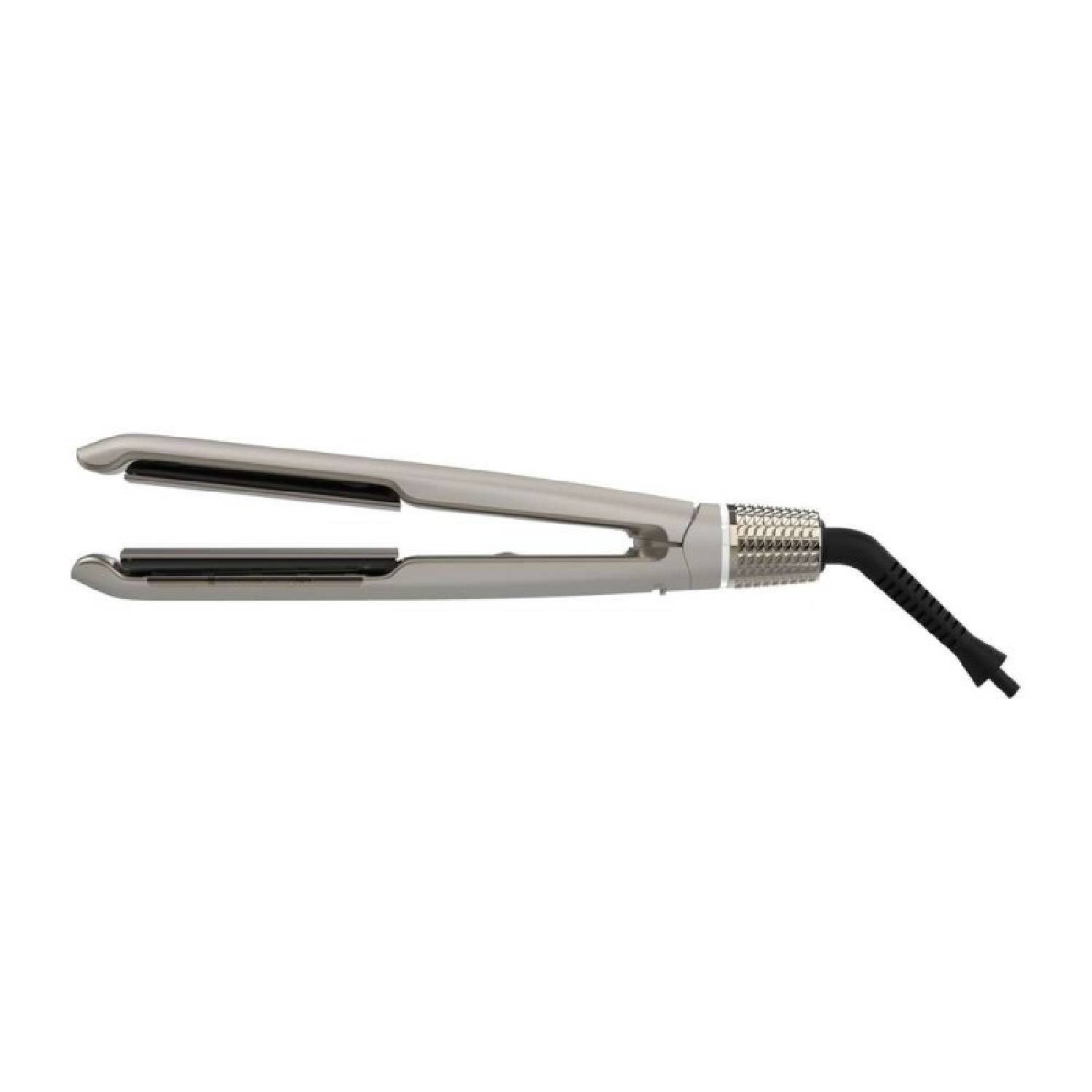 Una plancha de pelo plateada con cable negro sobre fondo blanco.