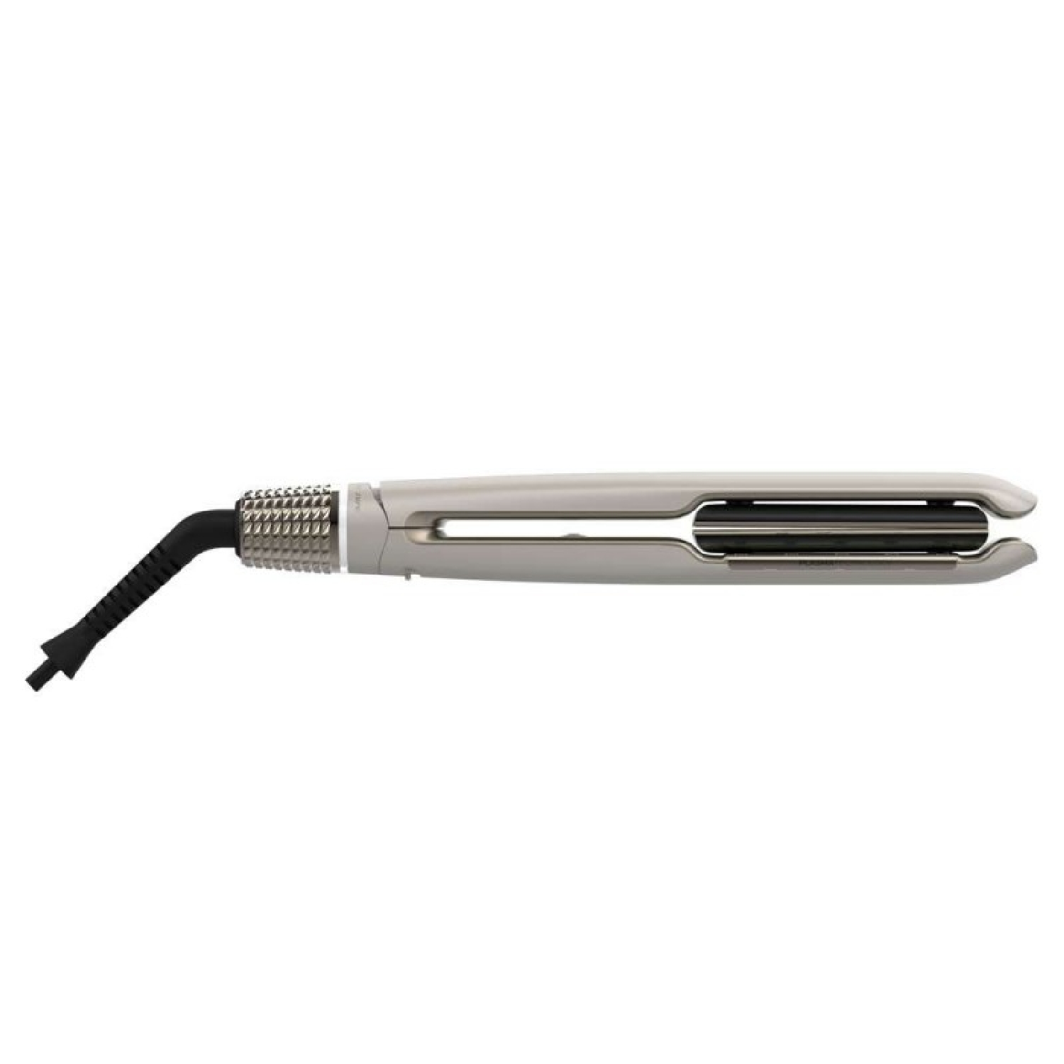 Una plancha de pelo plateada con cable negro sobre fondo blanco.