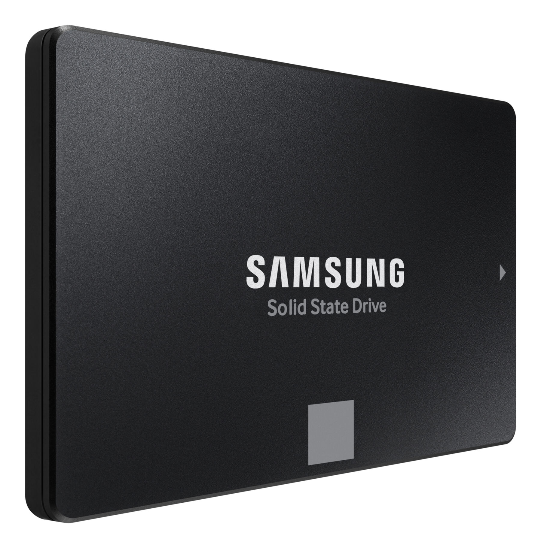 Schwarze Samsung Solid State Drive mit weißem Logo und Schriftzug.