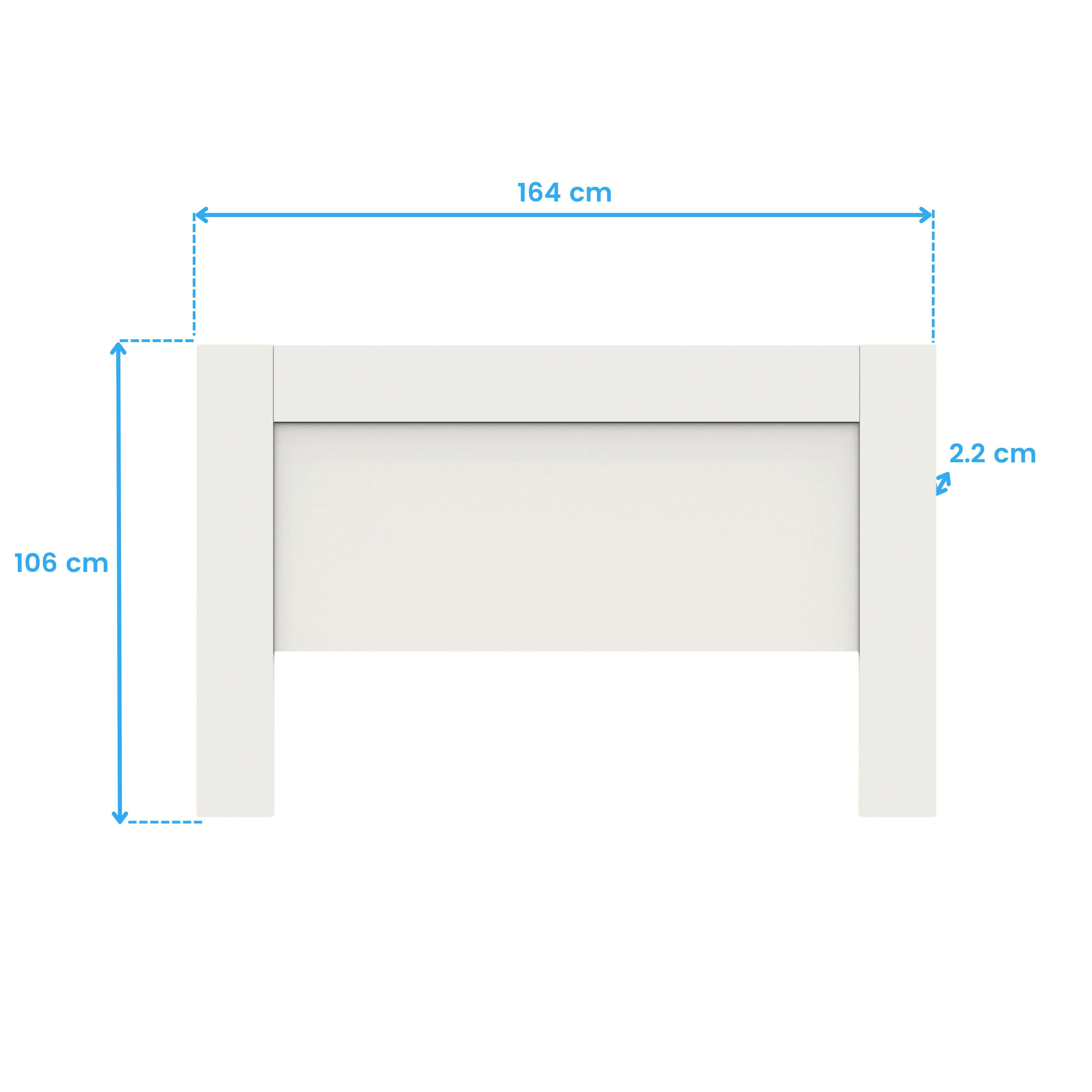 Cabecero blanco con líneas de medida azules: 164 cm ancho, 106 cm alto, 2.2 cm prof.
