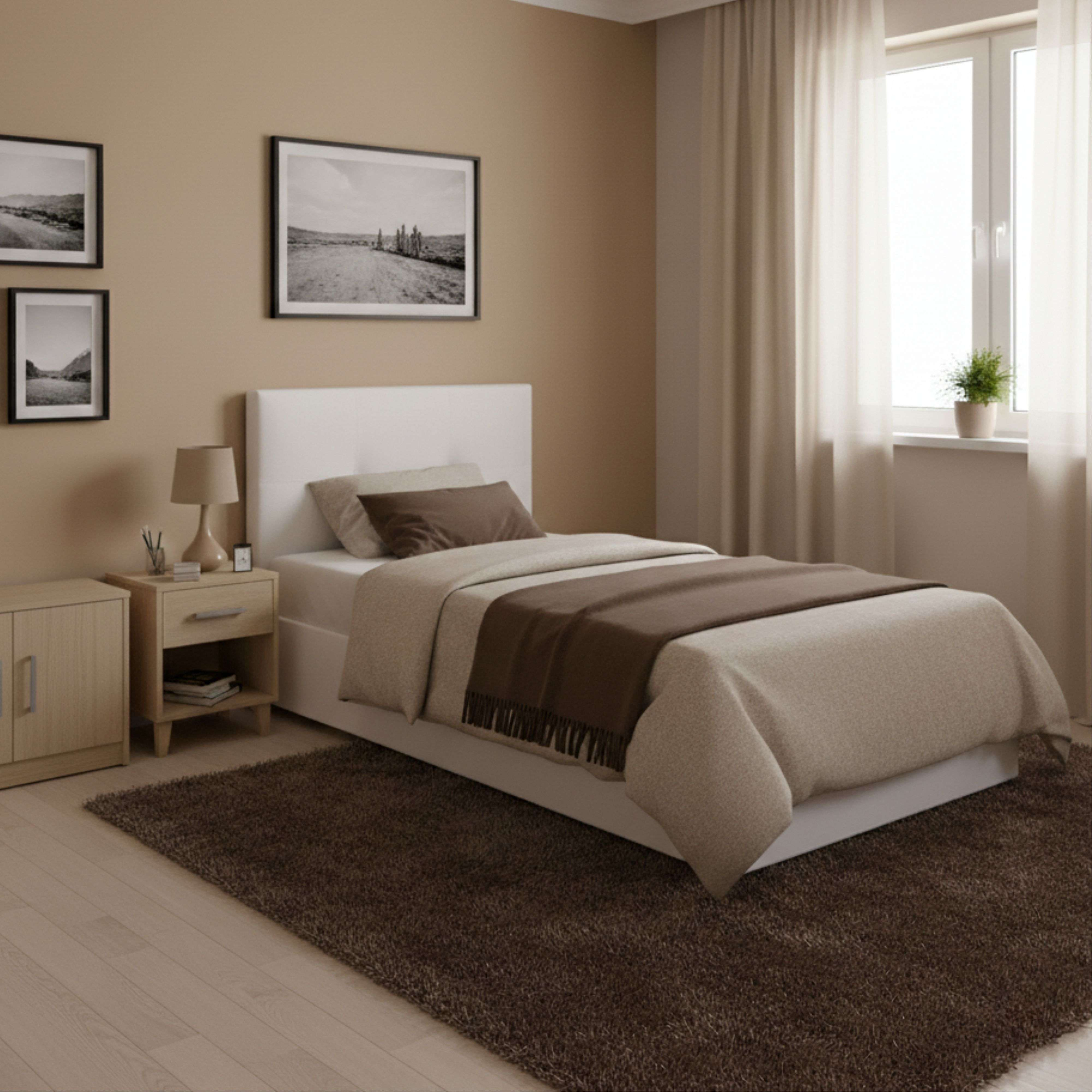 Un dormitorio con cama, mesita de noche, armario, alfombra y ventana.