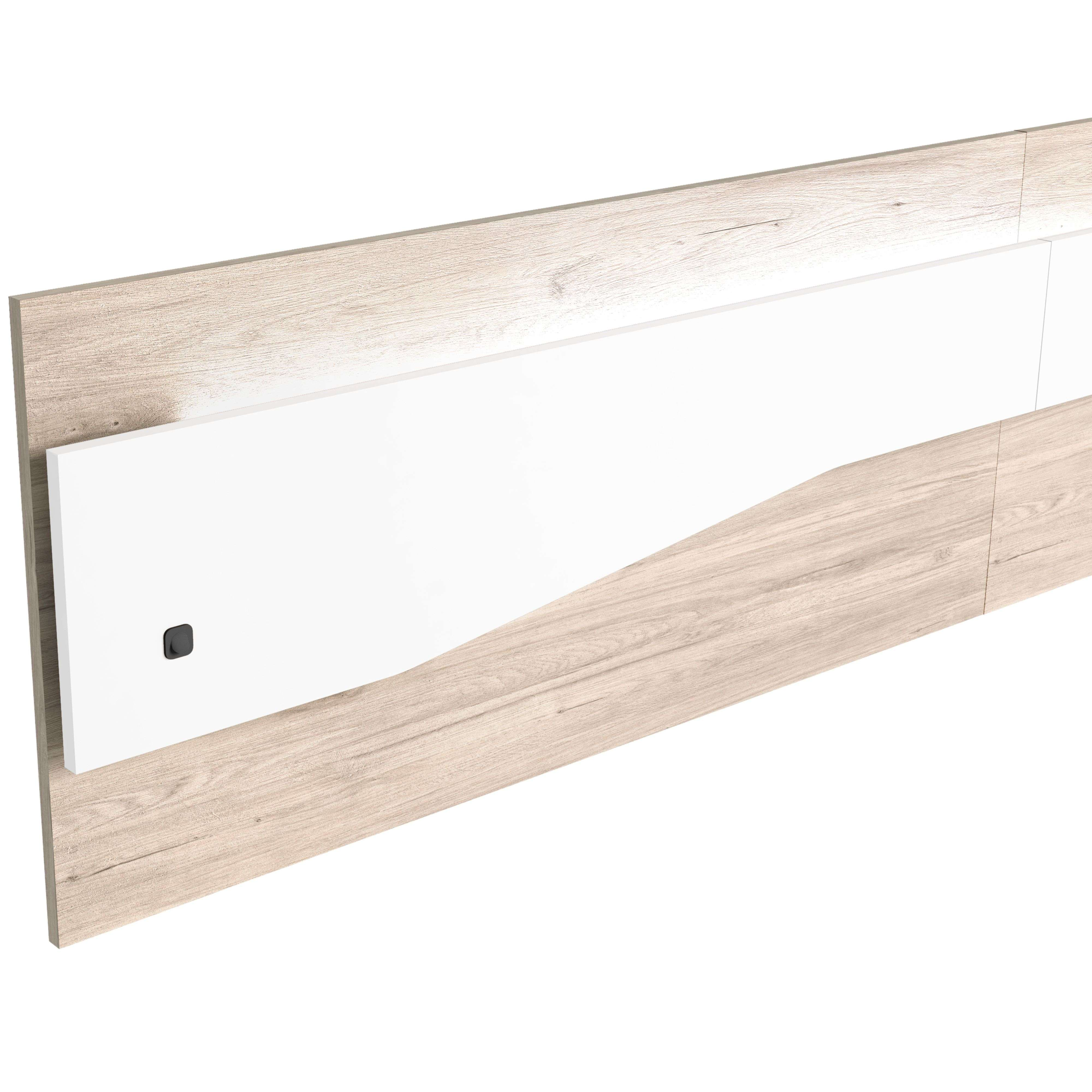 Grano de madera con panel blanco y botón negro.