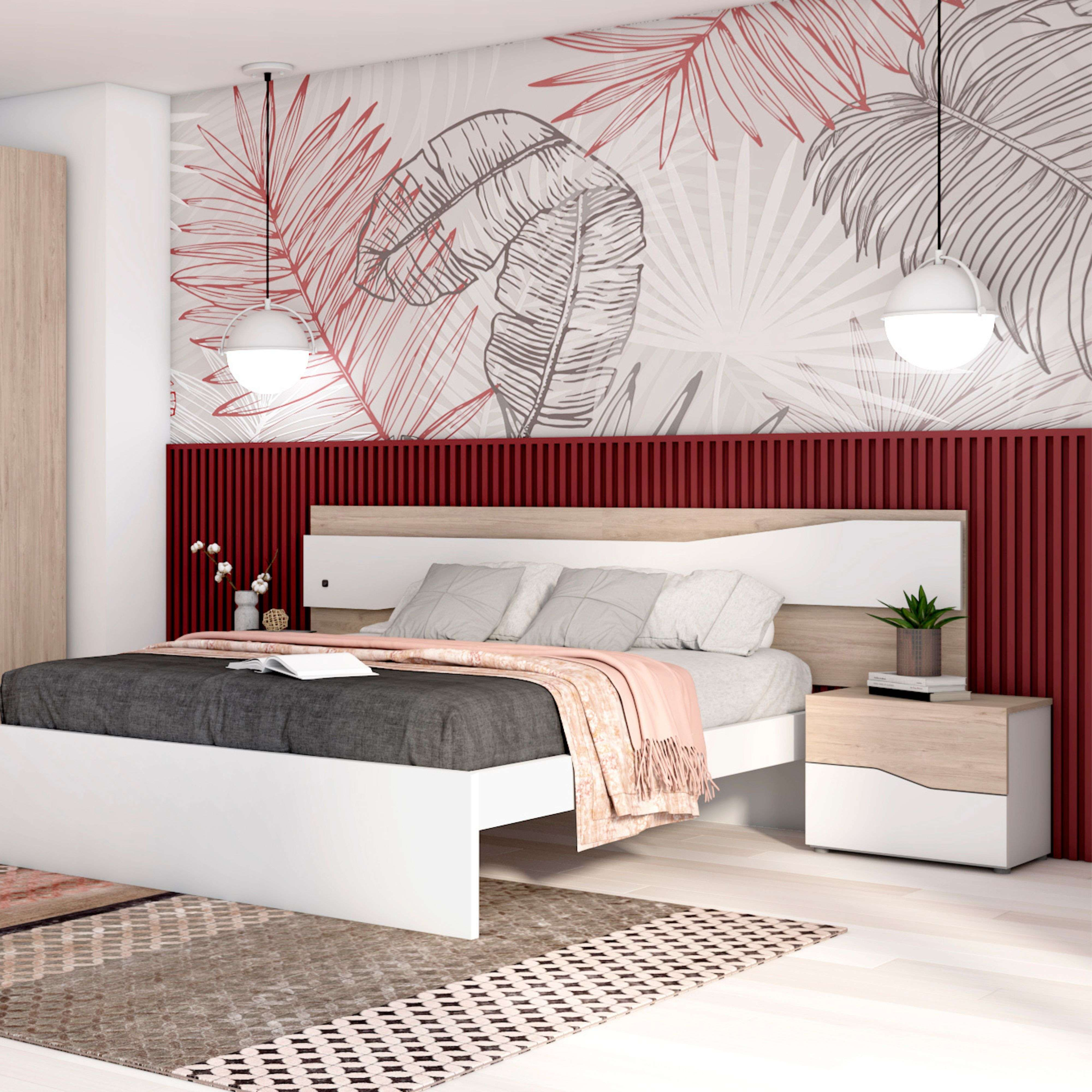 Dormitorio moderno con cama, papel tapiz tropical y acentos rojos.