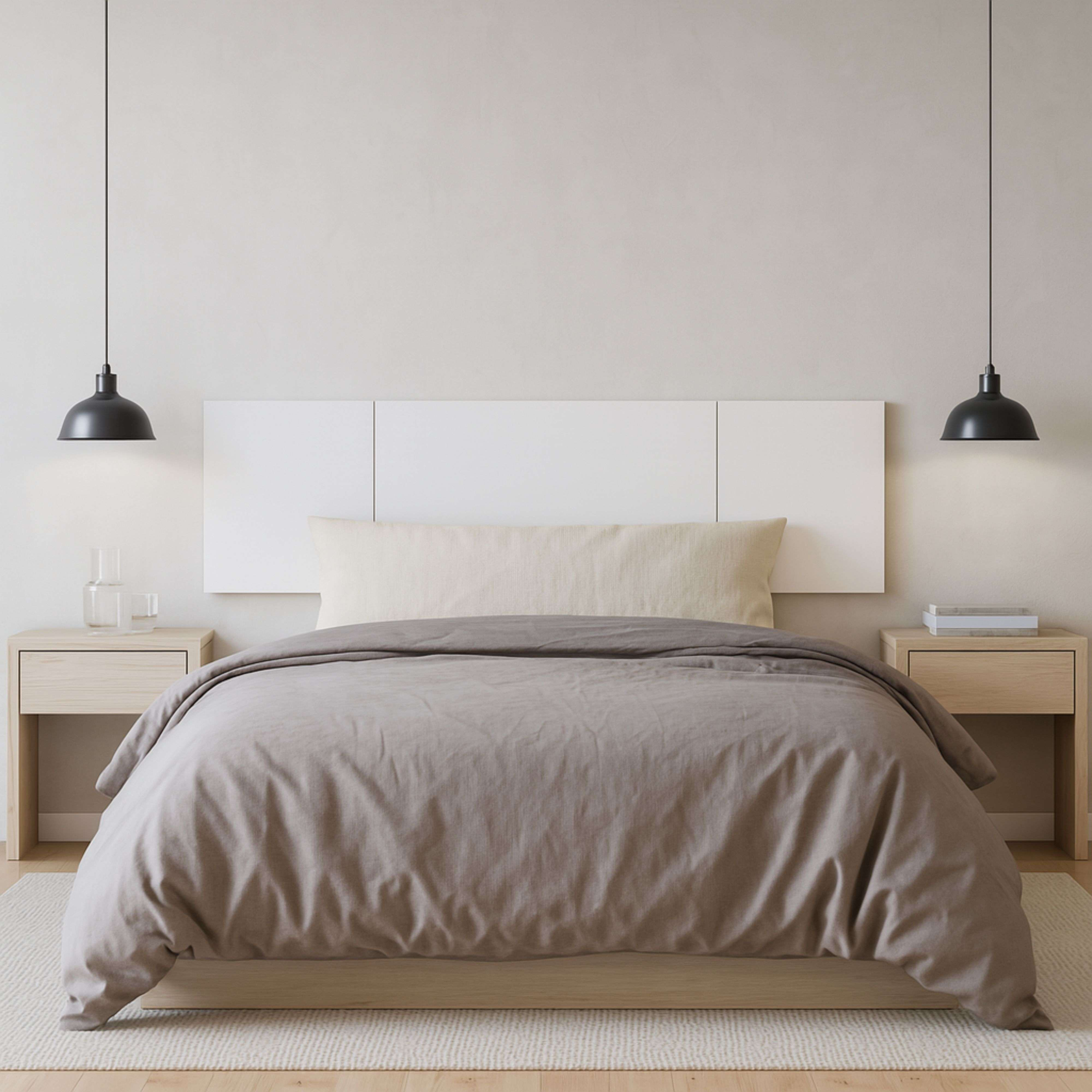 Un dormitorio con una cama grande, mesitas de noche y lámparas colgantes.