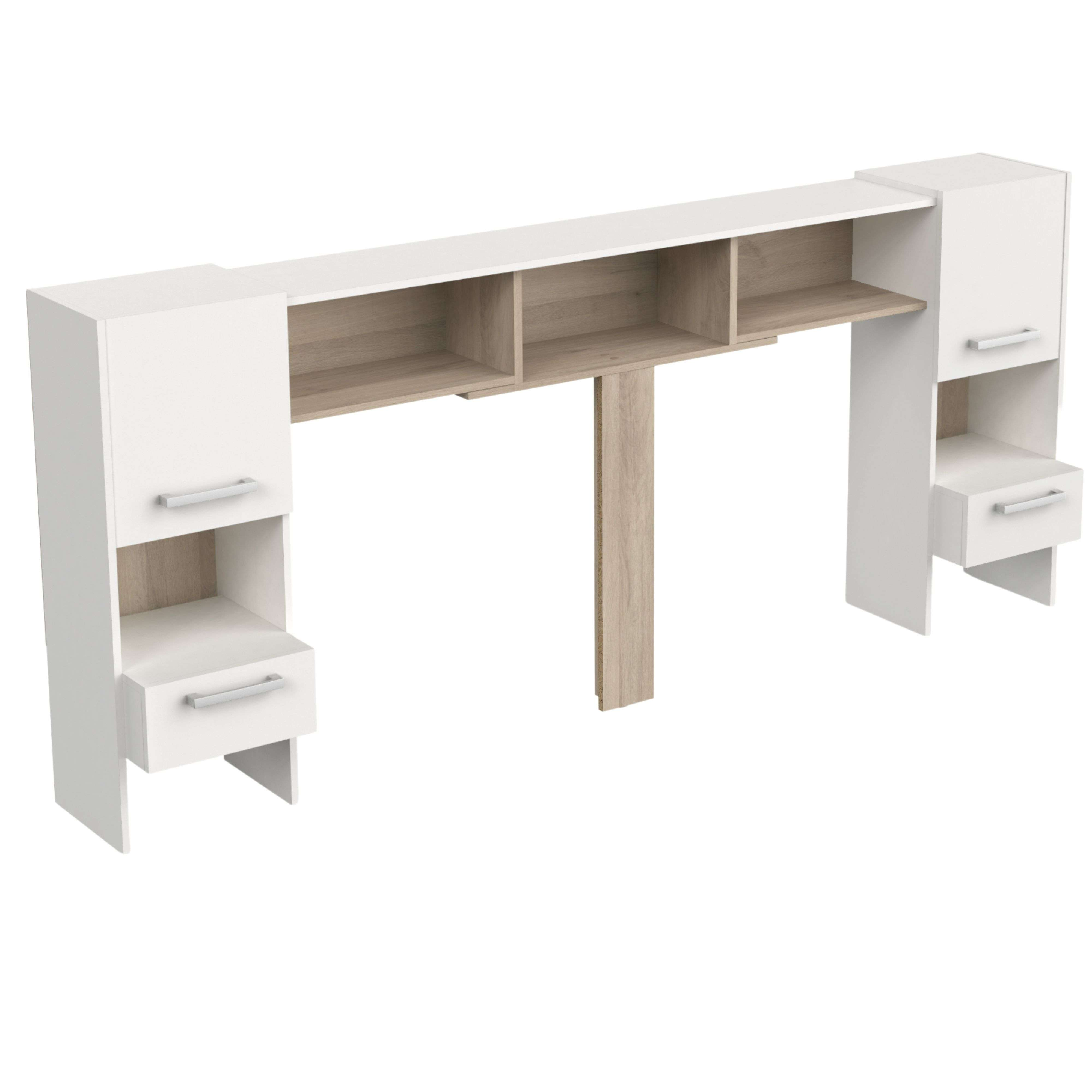Una estantería de pared blanca con detalles de madera, tres huecos y dos cajones.