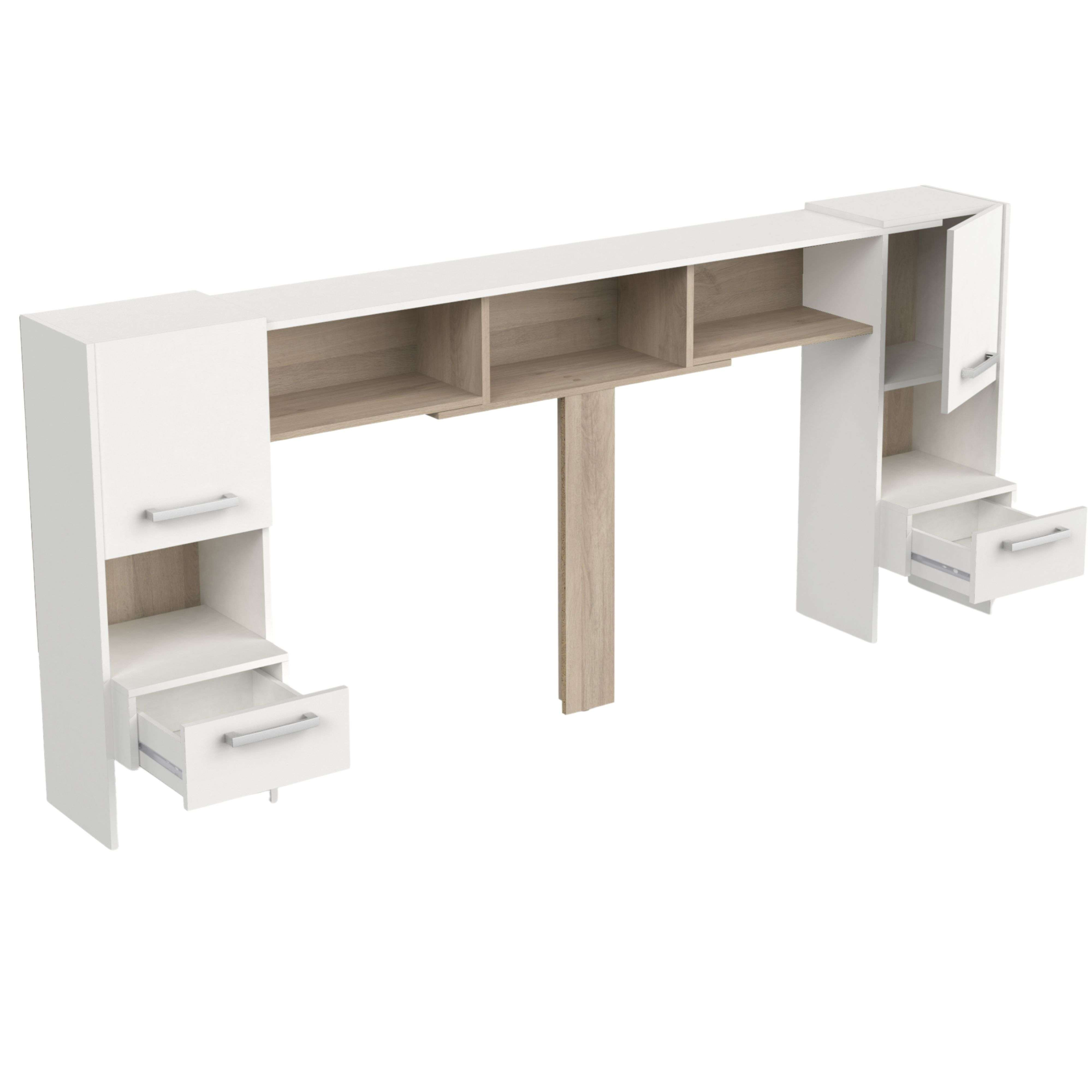 Un sistema de estanterías de pared blancas y de madera con compartimentos abiertos y cajones.