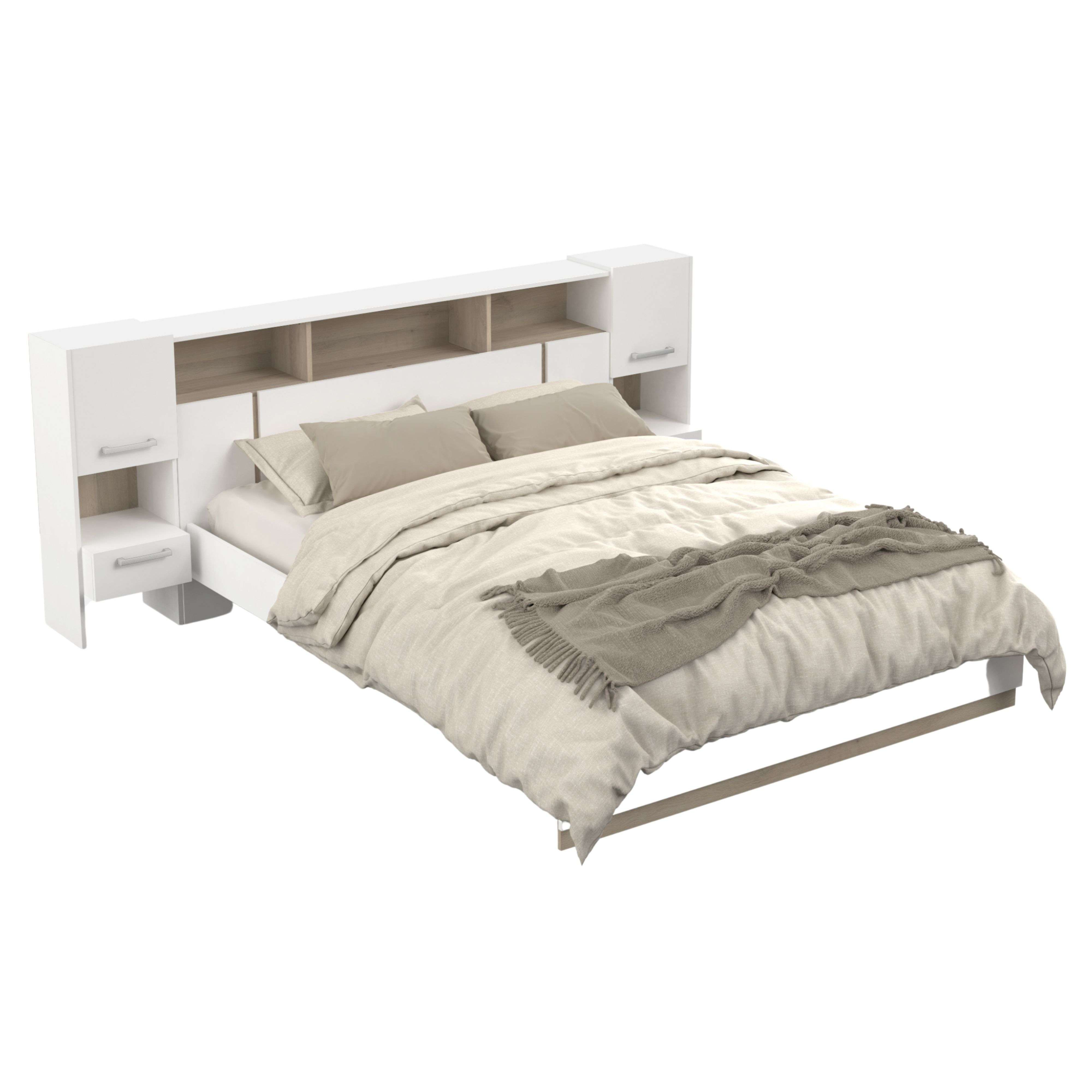 Cama moderna con cabecero blanco y unidades de estantería integradas.