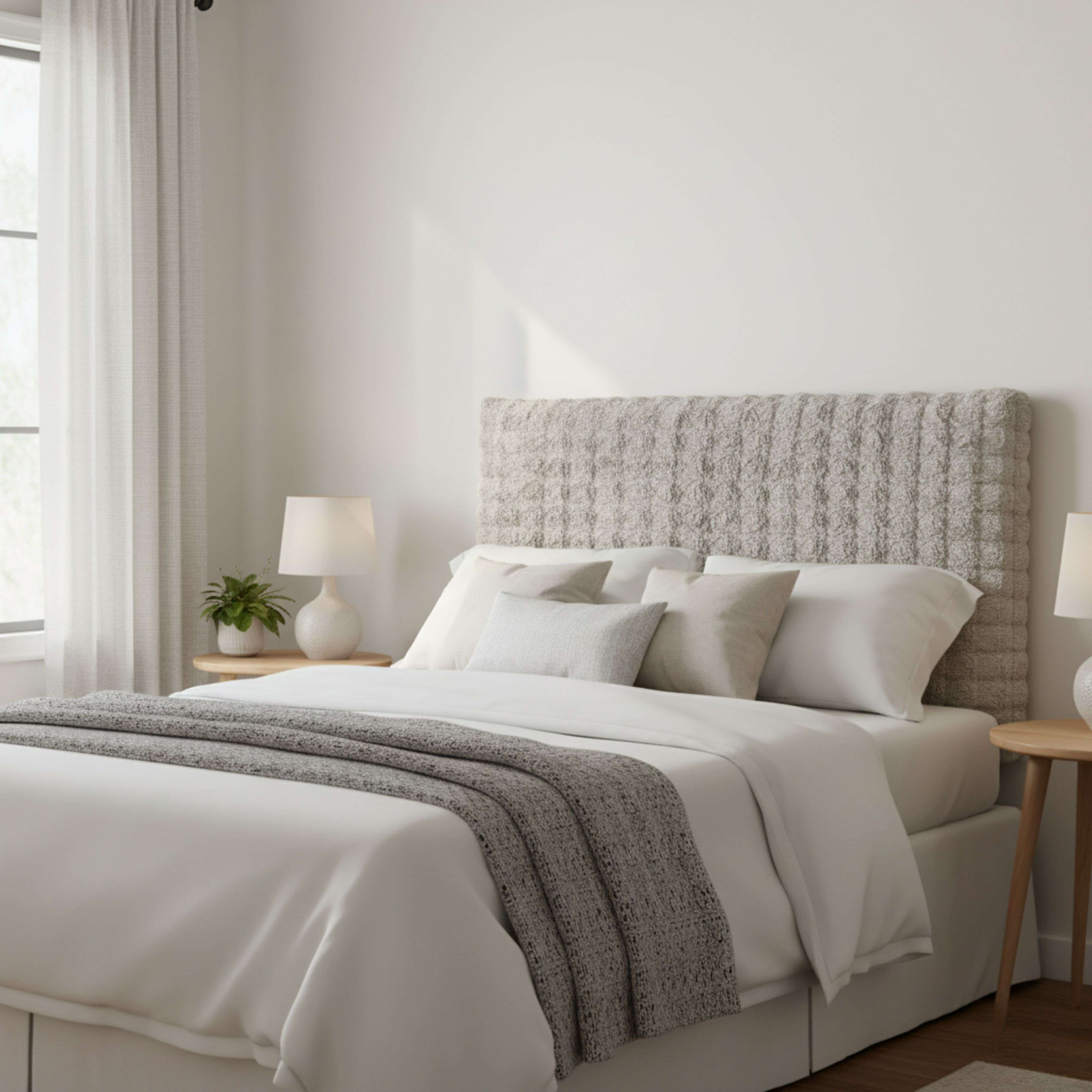 Una cama con ropa de cama blanca, manta gris y cabecero texturizado.