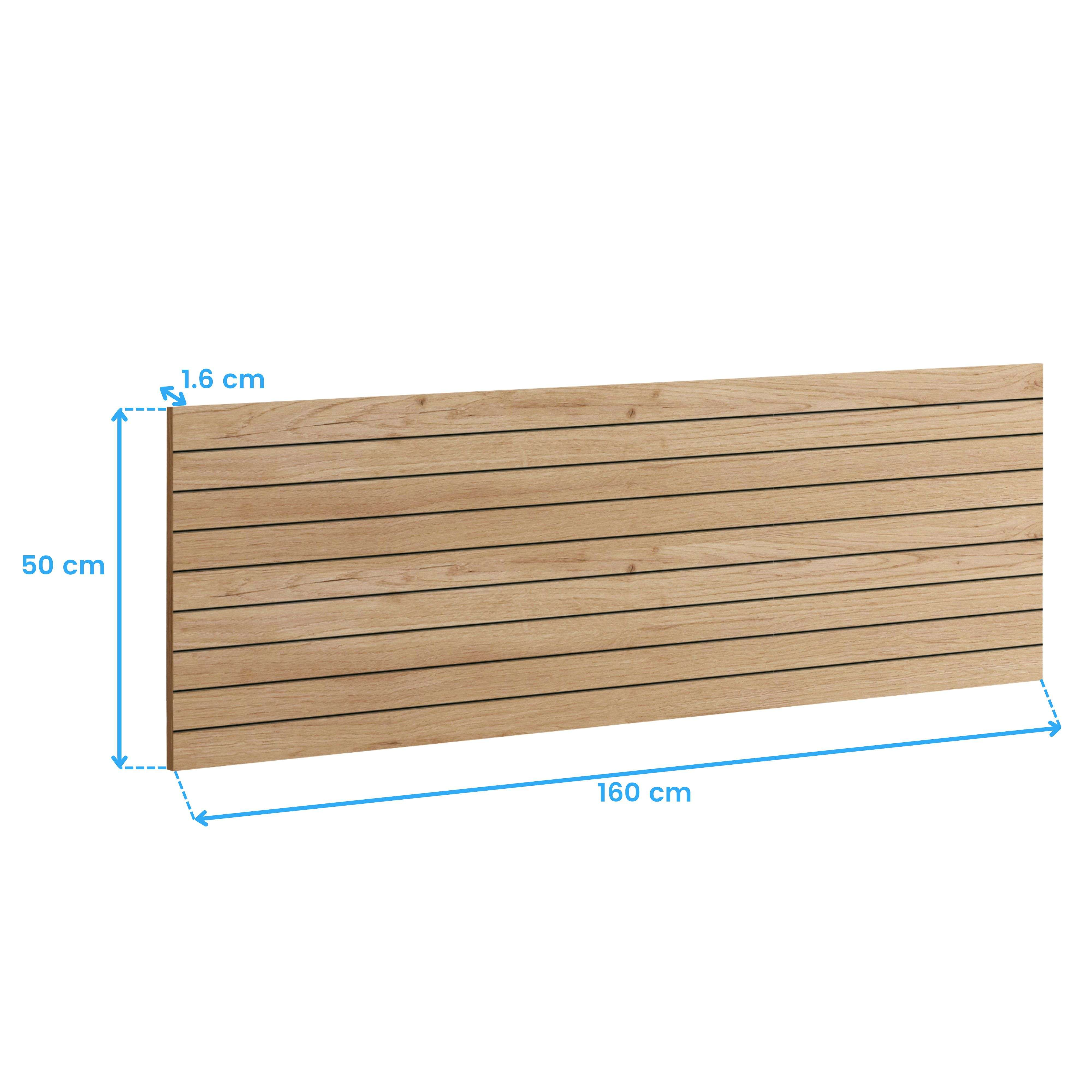 Panel de madera de 160x50 cm con líneas horizontales y medidas.