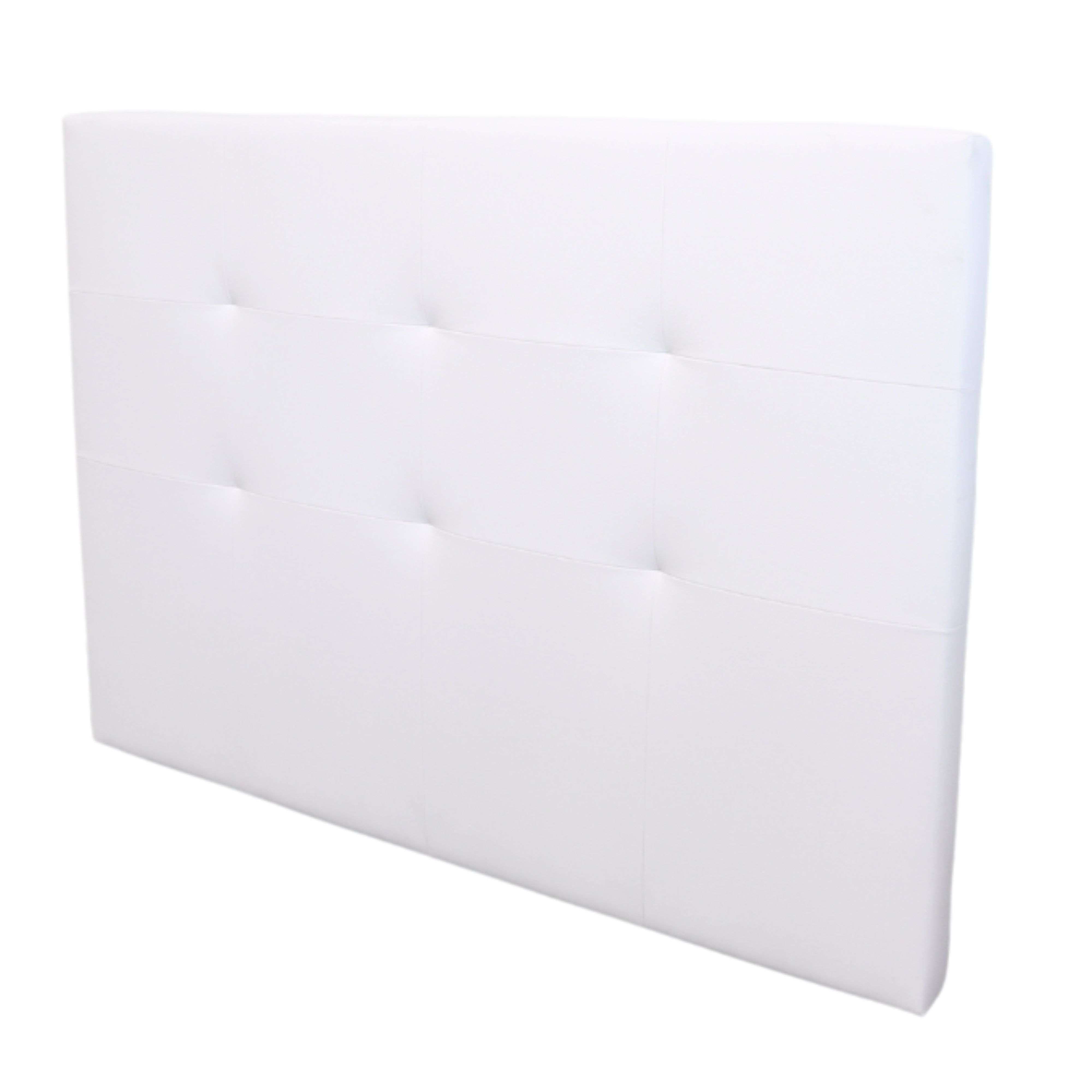 Un cabecero blanco tapizado con diseño de botones sobre fondo blanco.