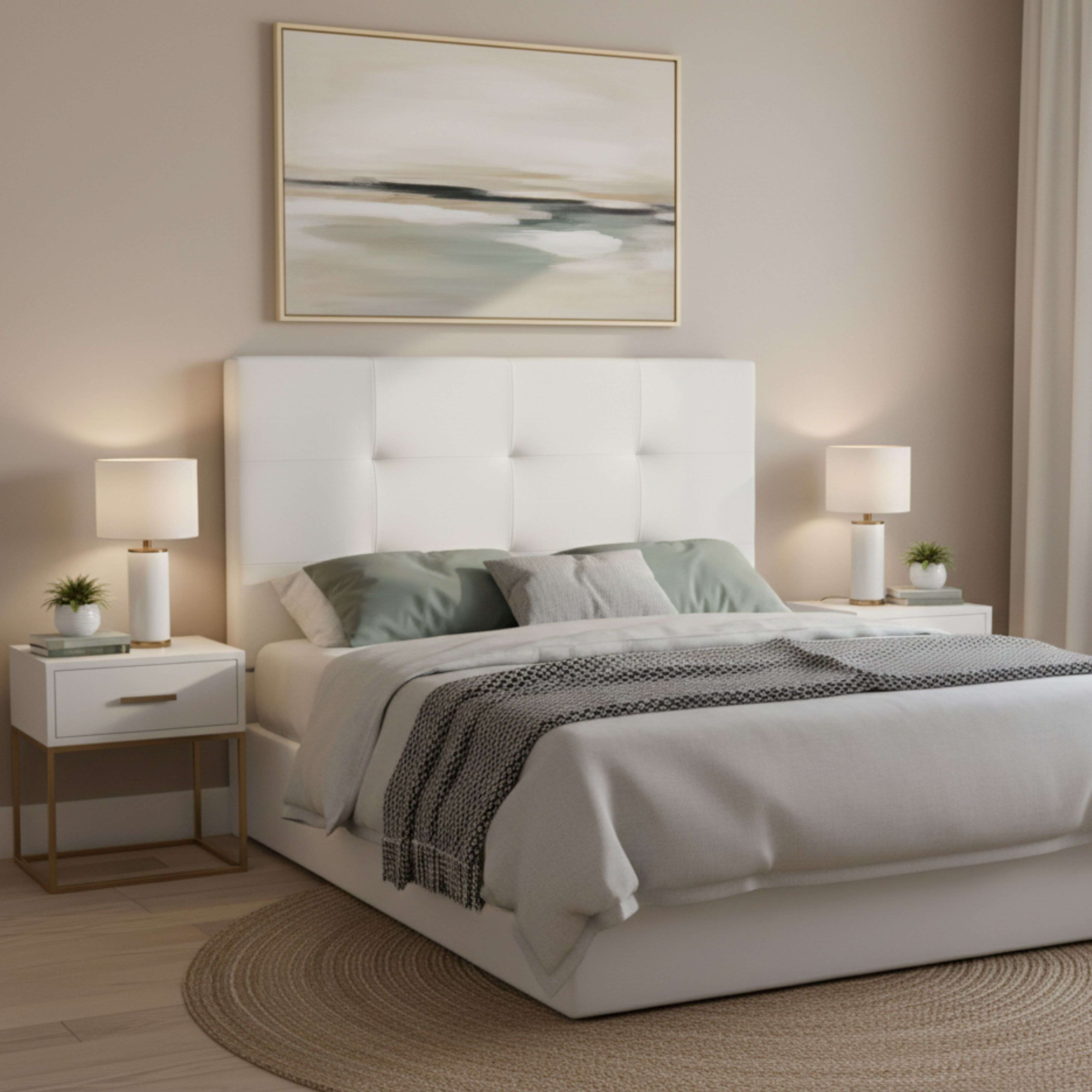 Dormitorio moderno con cama blanca, mesitas de noche y arte en la pared.