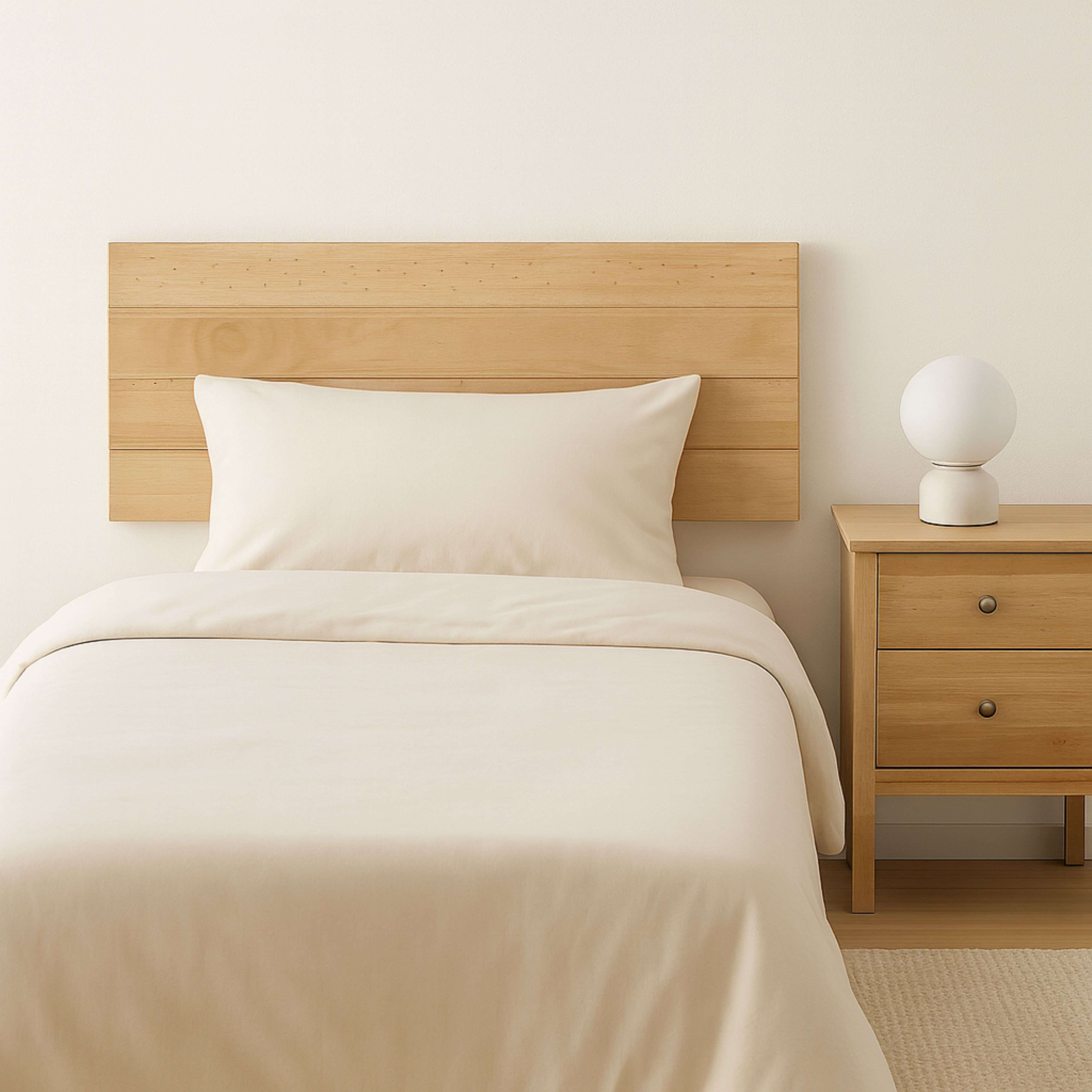 Una cama con ropa de cama color crema y cabecero de madera, junto a una mesita de noche.