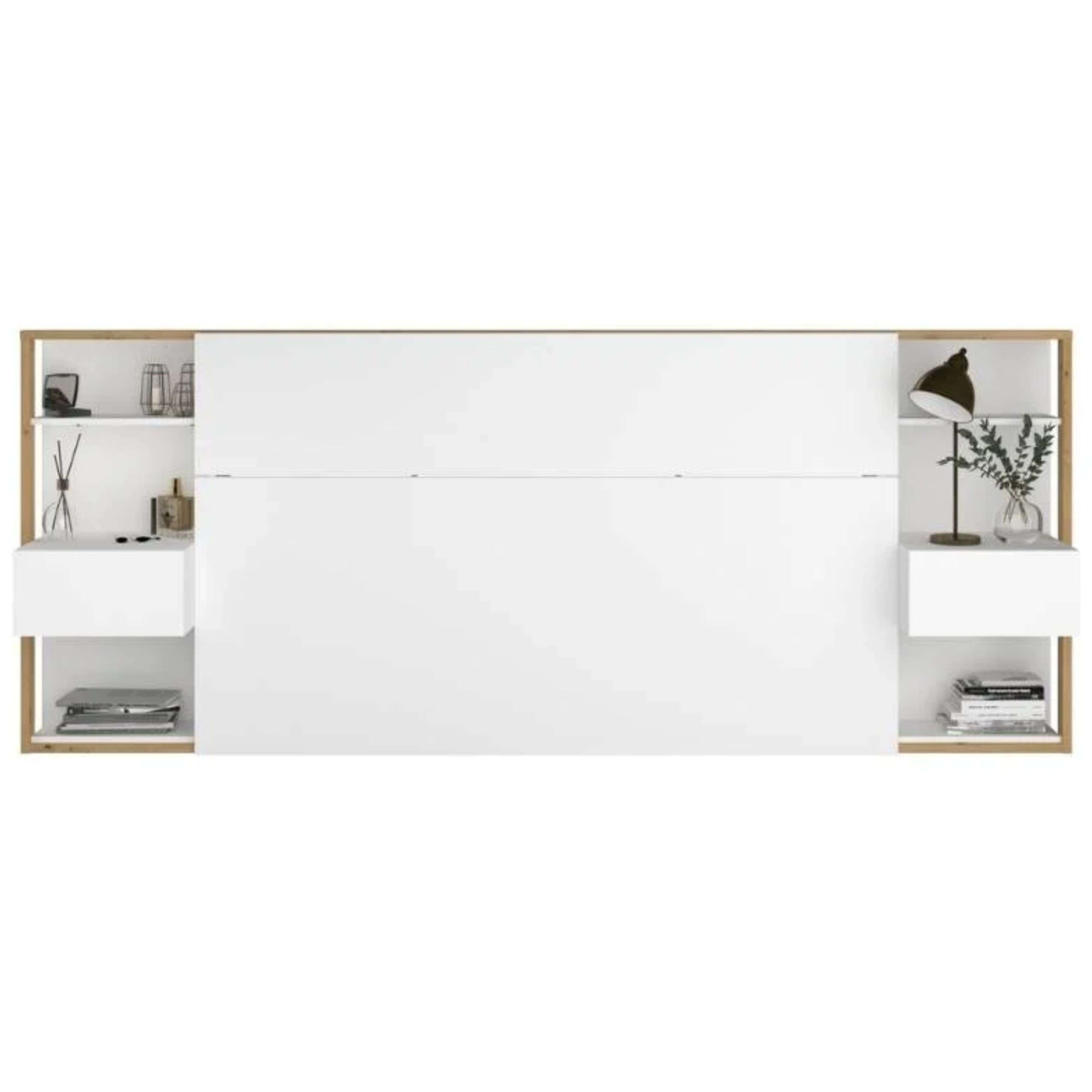 Una cama blanca con marco de madera y estantes abiertos con decoraciones.