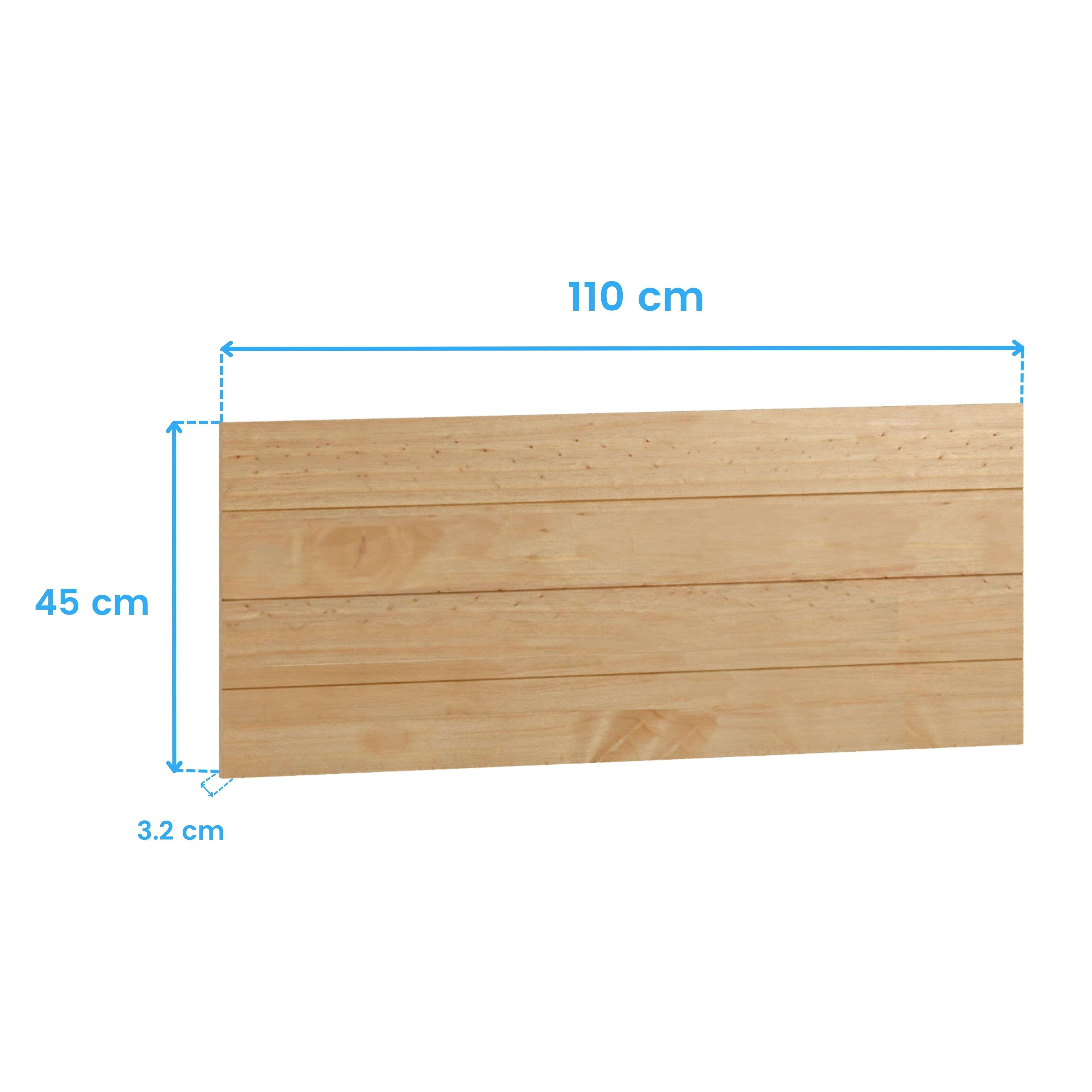 Tabla de madera de 110x45x3,2 cm, sobre fondo blanco.