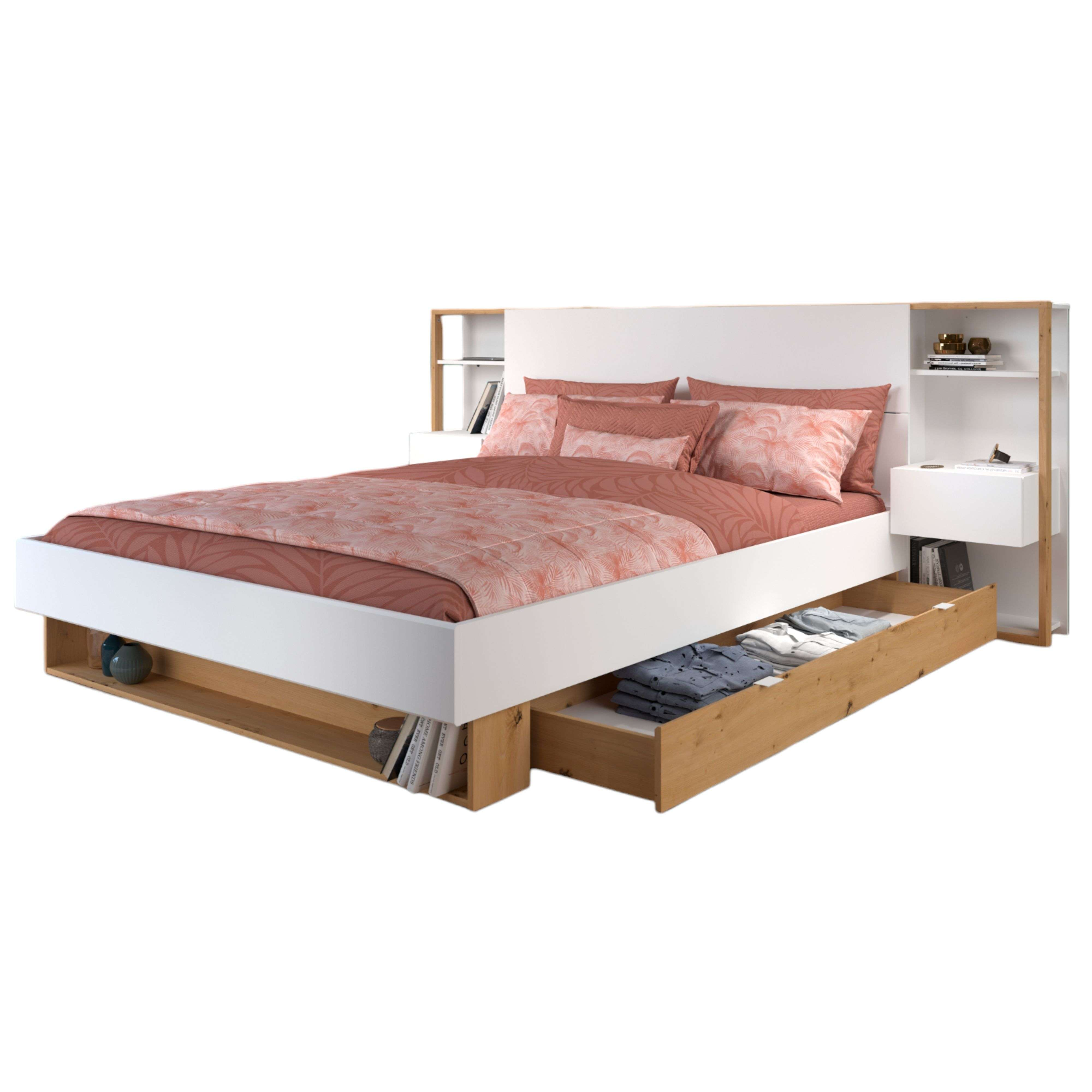 Cama moderna con detalles blancos y de madera, cajones y mesitas de noche.