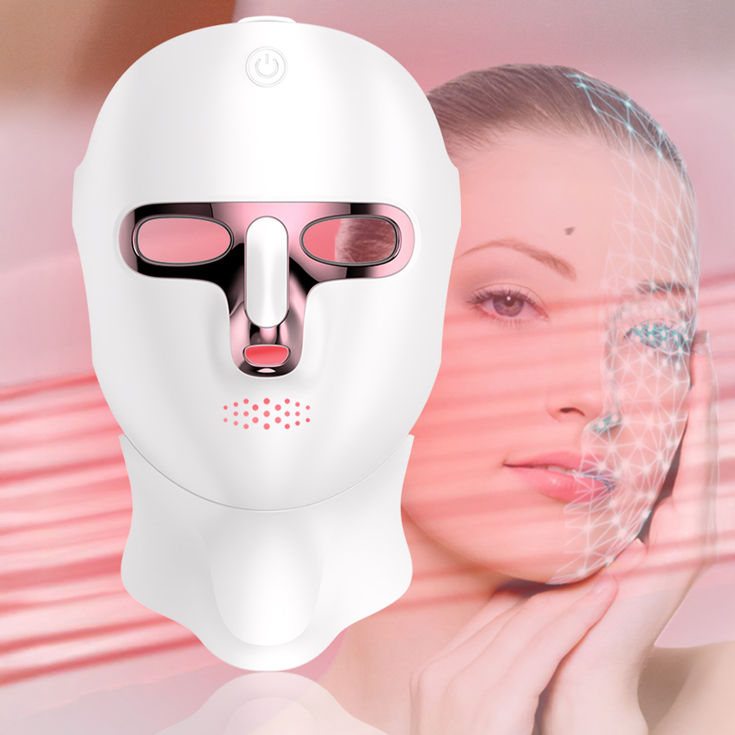 Maschera per terapia LED bianca accanto al viso di una donna con sovrapposizione digitale.