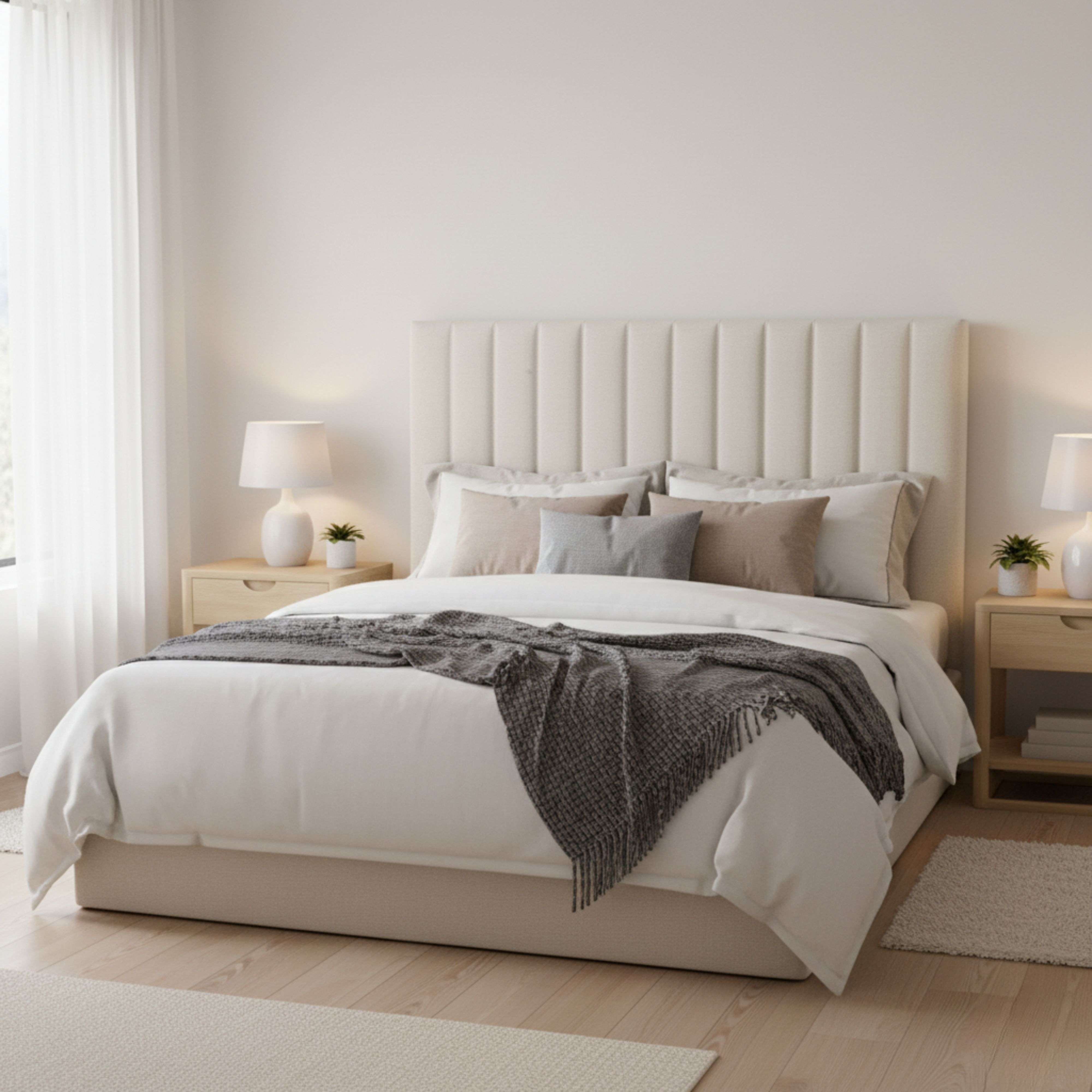 Un dormitorio luminoso con una cama grande, dos mesitas de noche y lámparas.