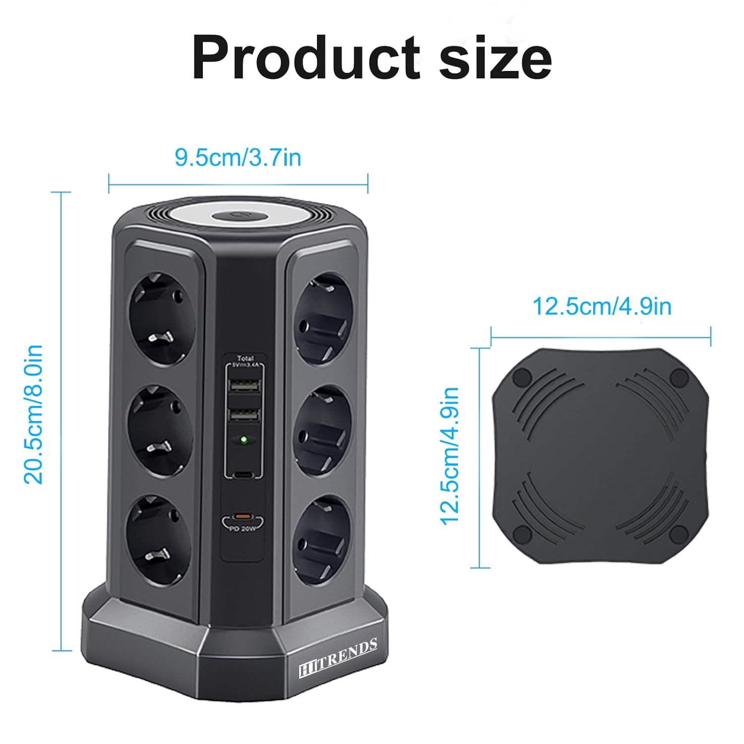 Produktgröße: 20,5cm hoch, 9,5cm breit. Inklusive 12 Steckdosen & USB-Ports.