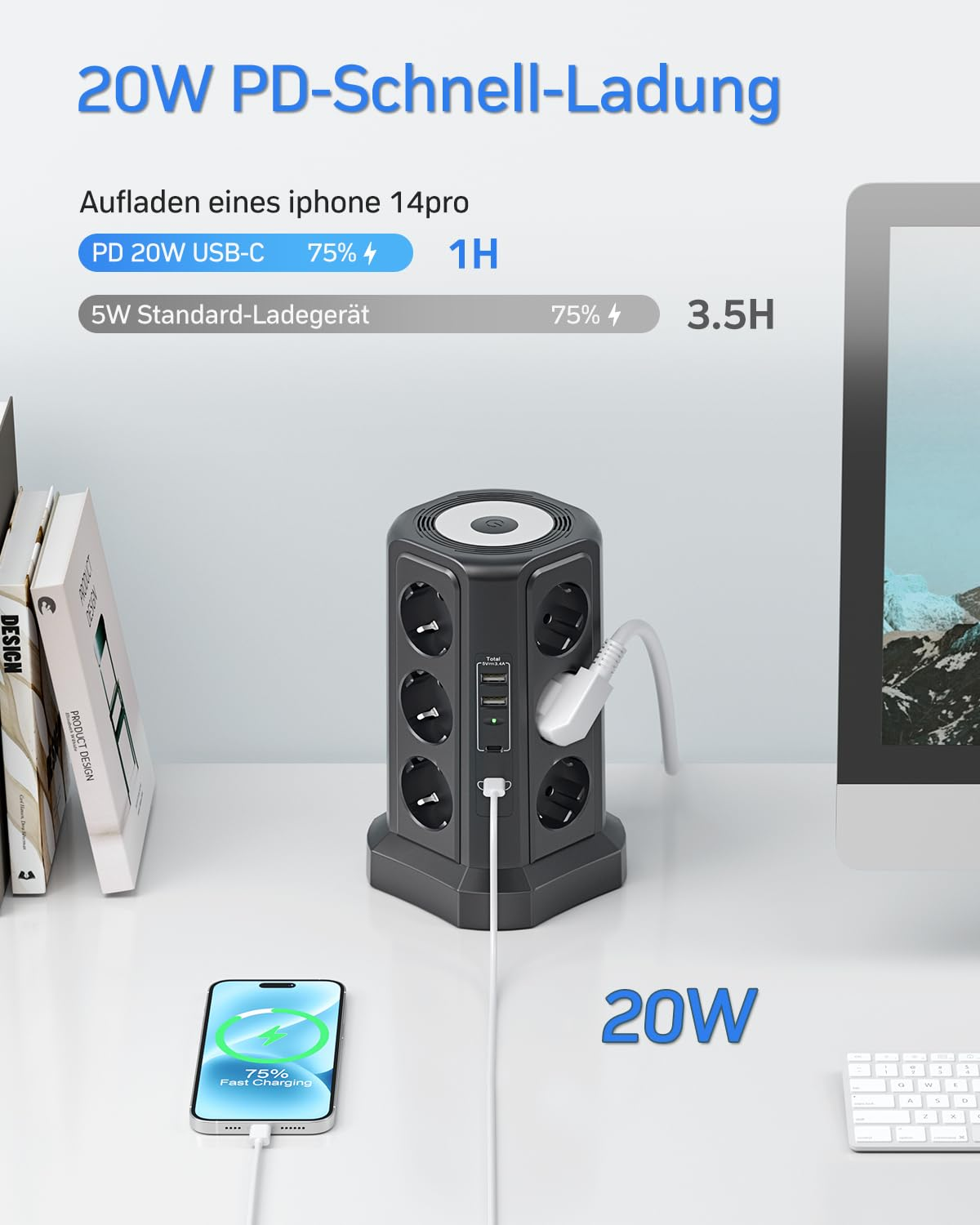 Ein schwarzer Ladeturm lädt ein iPhone, das auf 75% ist.