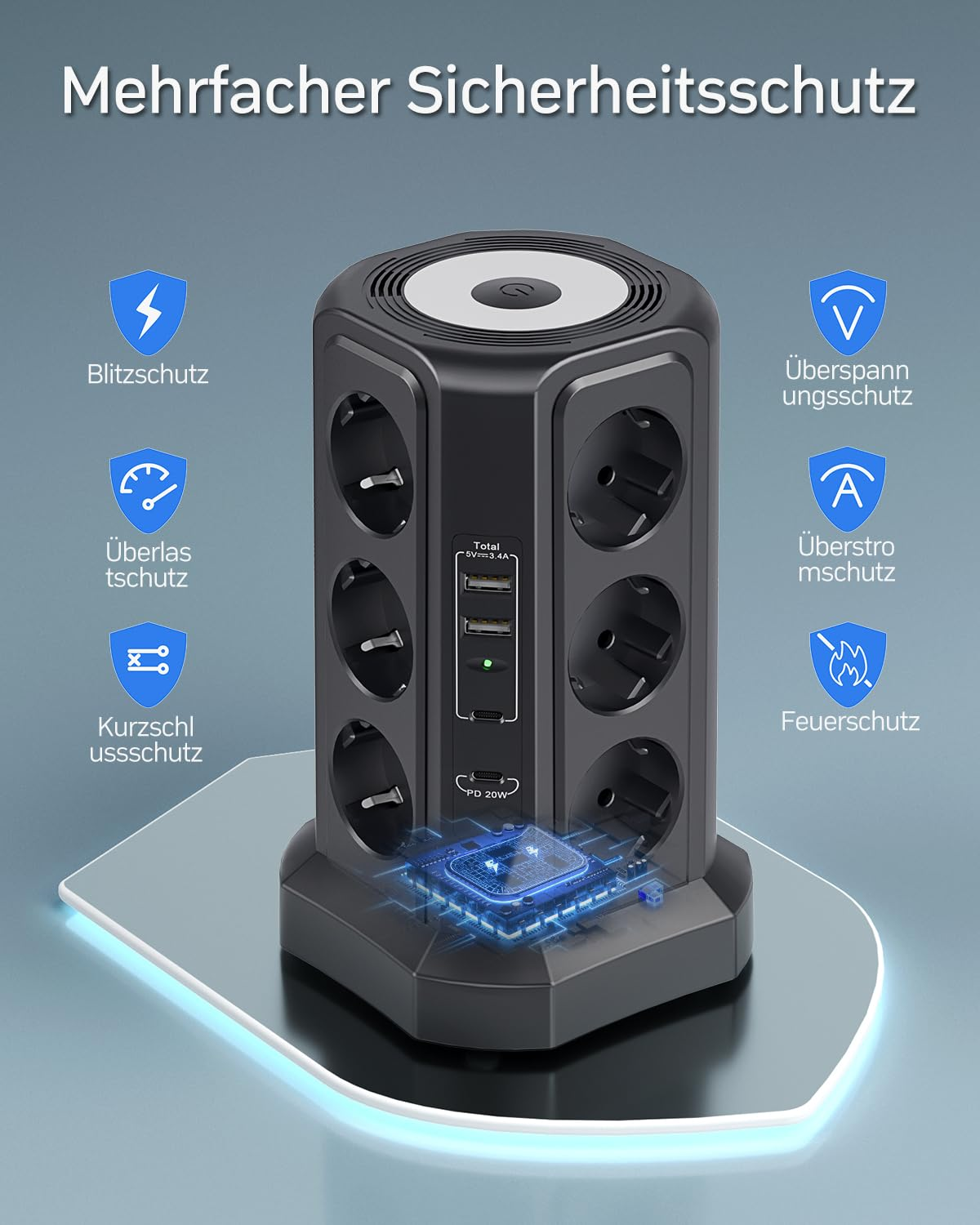 Schwarzer Steckdosenwürfel mit mehreren Steckplätzen und USB-Anschlüssen, mit Sicherheitssymbolen.