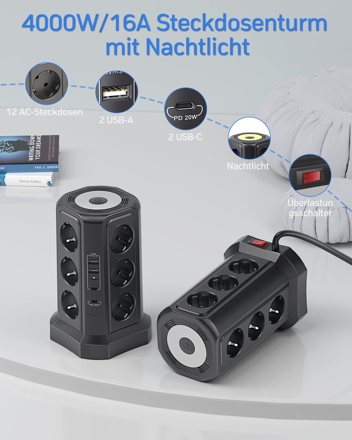 Schwarzer Steckdosenturm mit 12 Steckdosen, 2x USB-A, 2x USB-C und Nachtlicht.