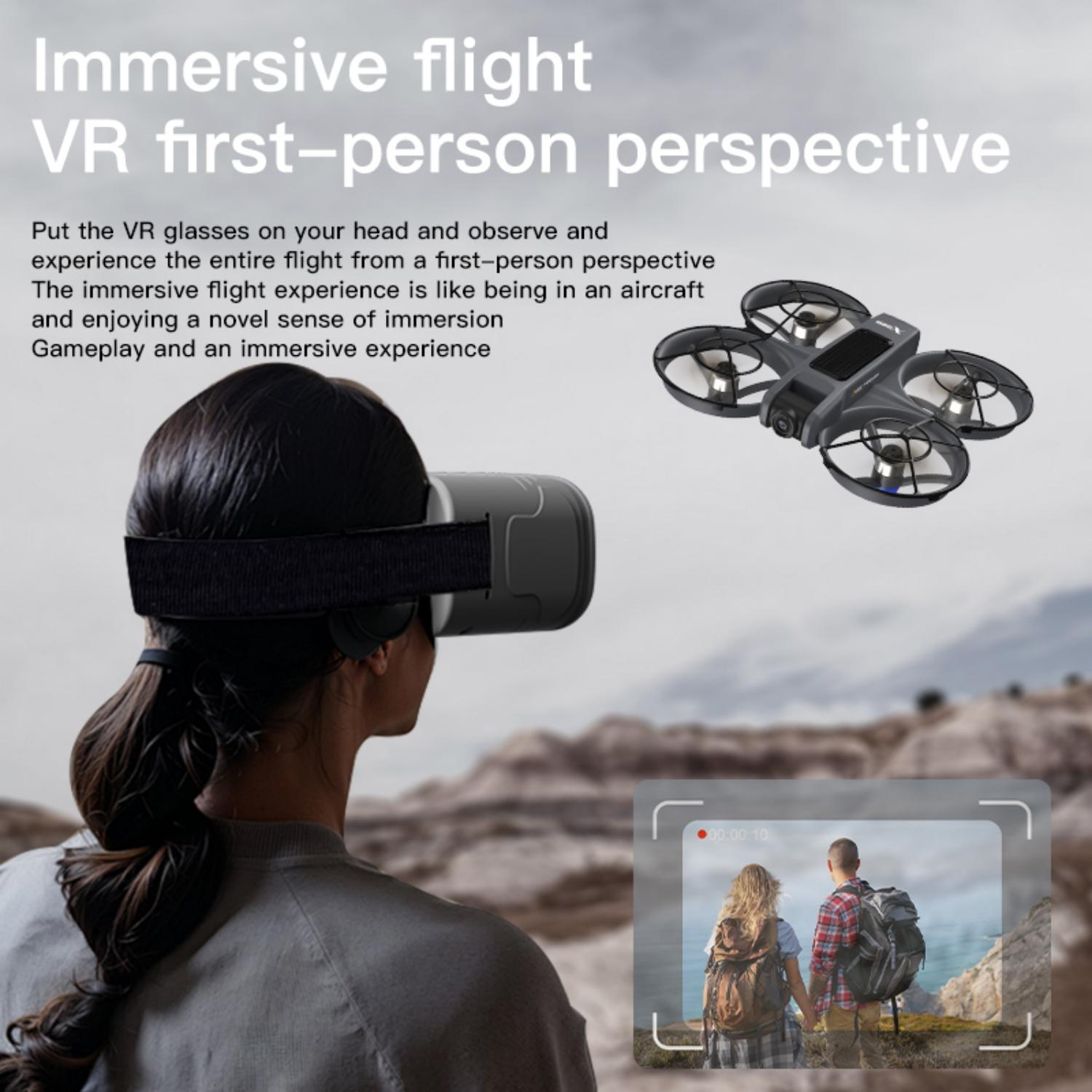 Eine Frau trägt eine VR-Brille, eine Drohne schwebt, eine Aufnahme von Wanderern.
