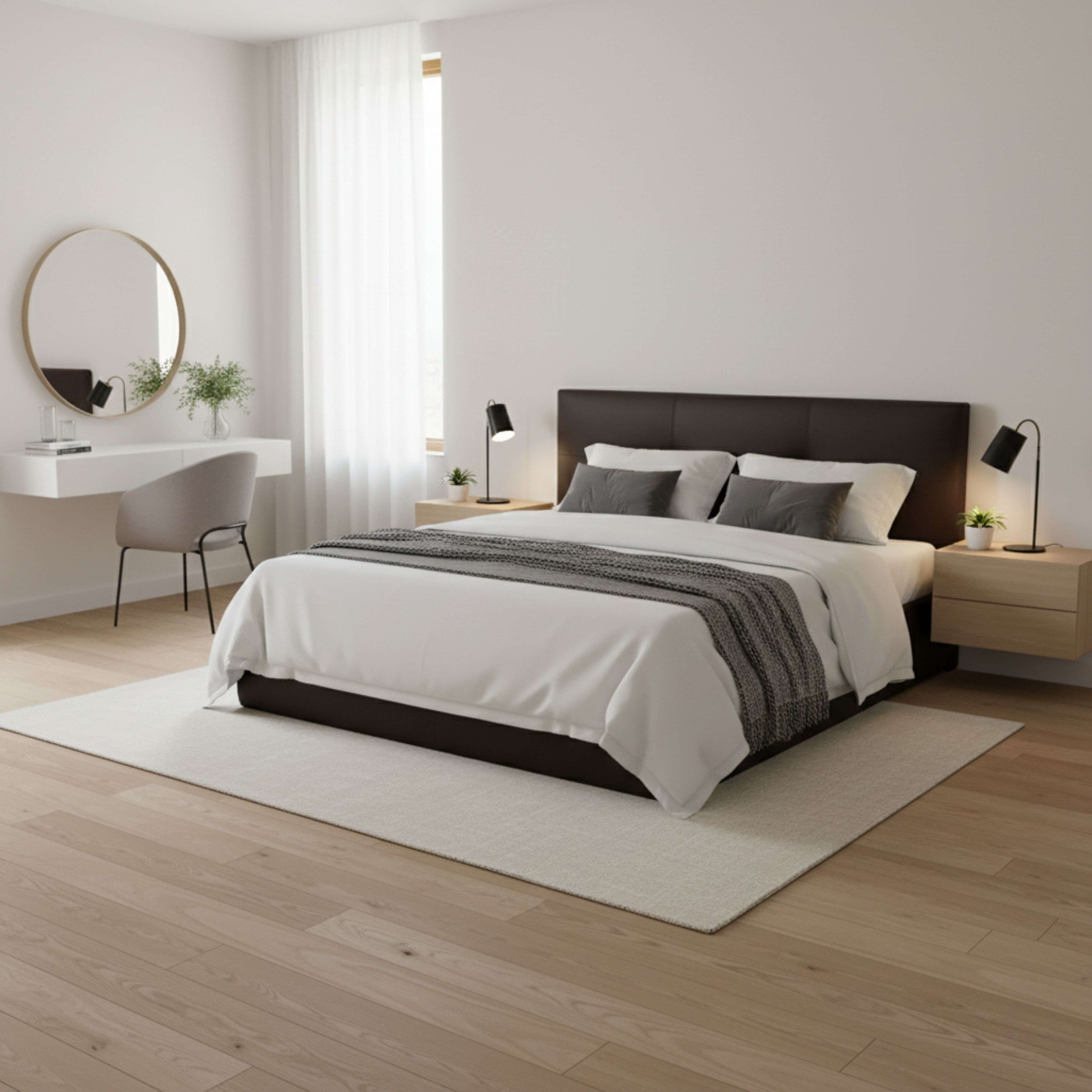 Un dormitorio moderno con cama marrón oscura, sábanas blancas y cojines grises.