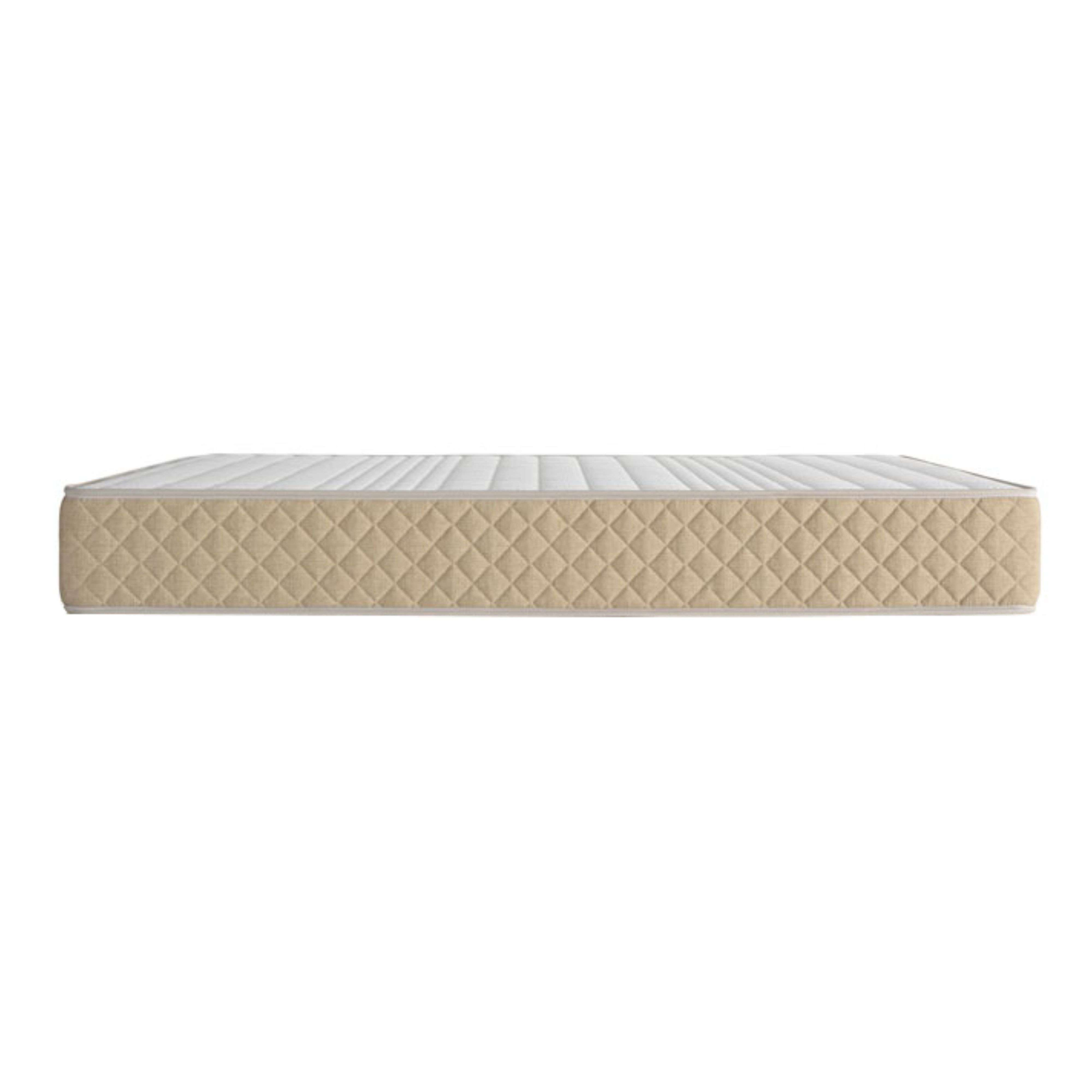 Lateral de colchón beige con patrón de diamantes y parte superior blanca.