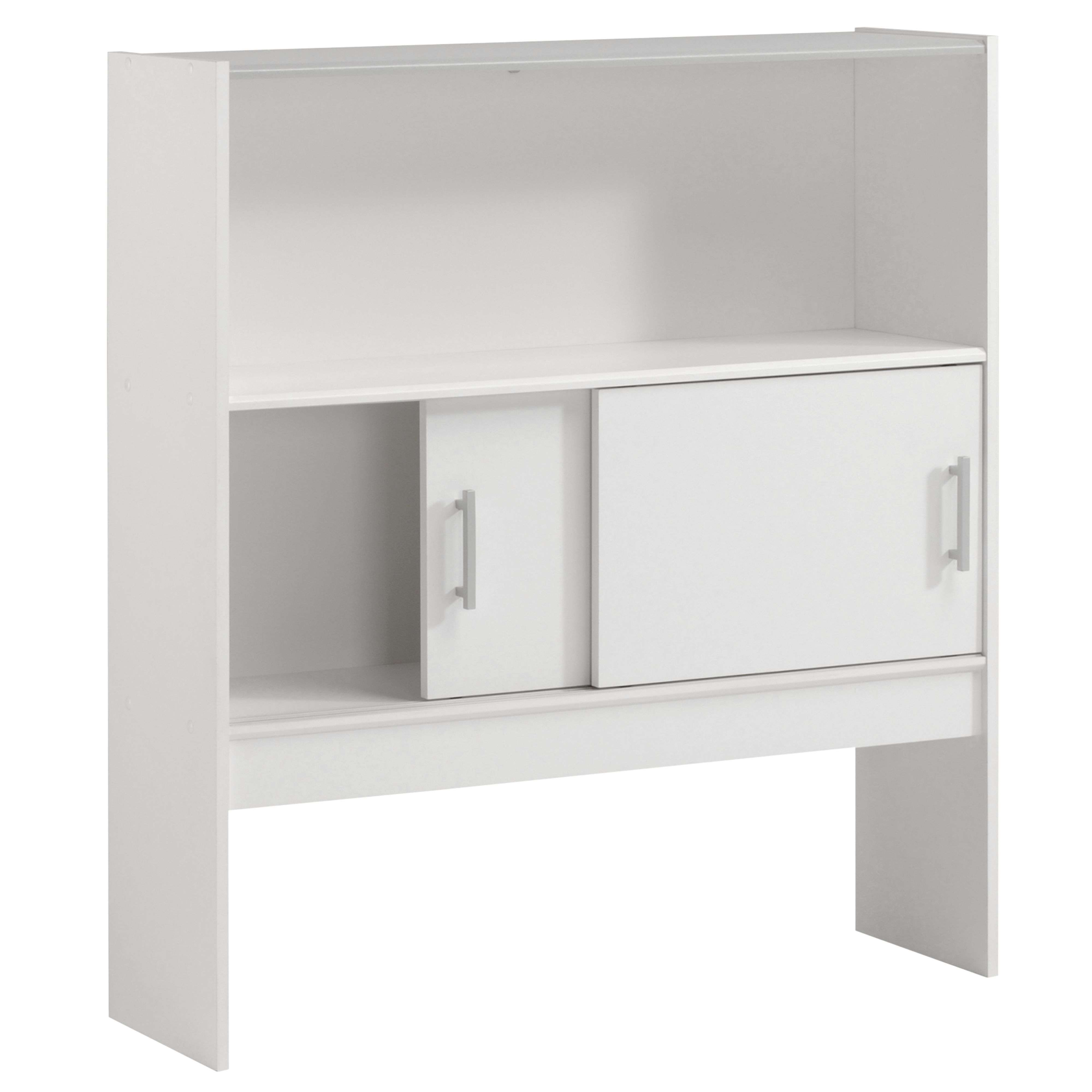 Un mueble blanco con un compartimento abierto y dos puertas.