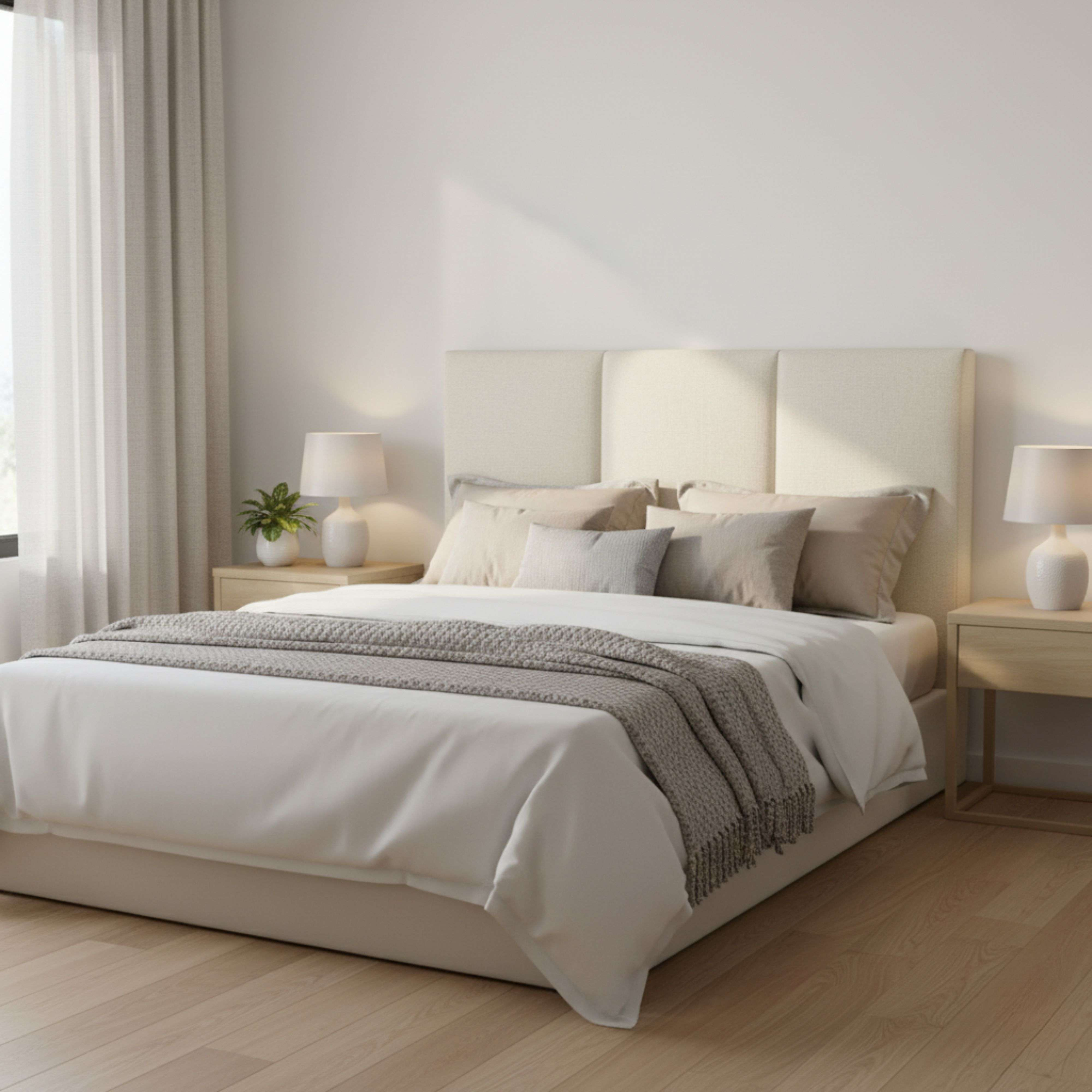Un dormitorio luminoso con una cama grande, mesitas de noche y cortinas.