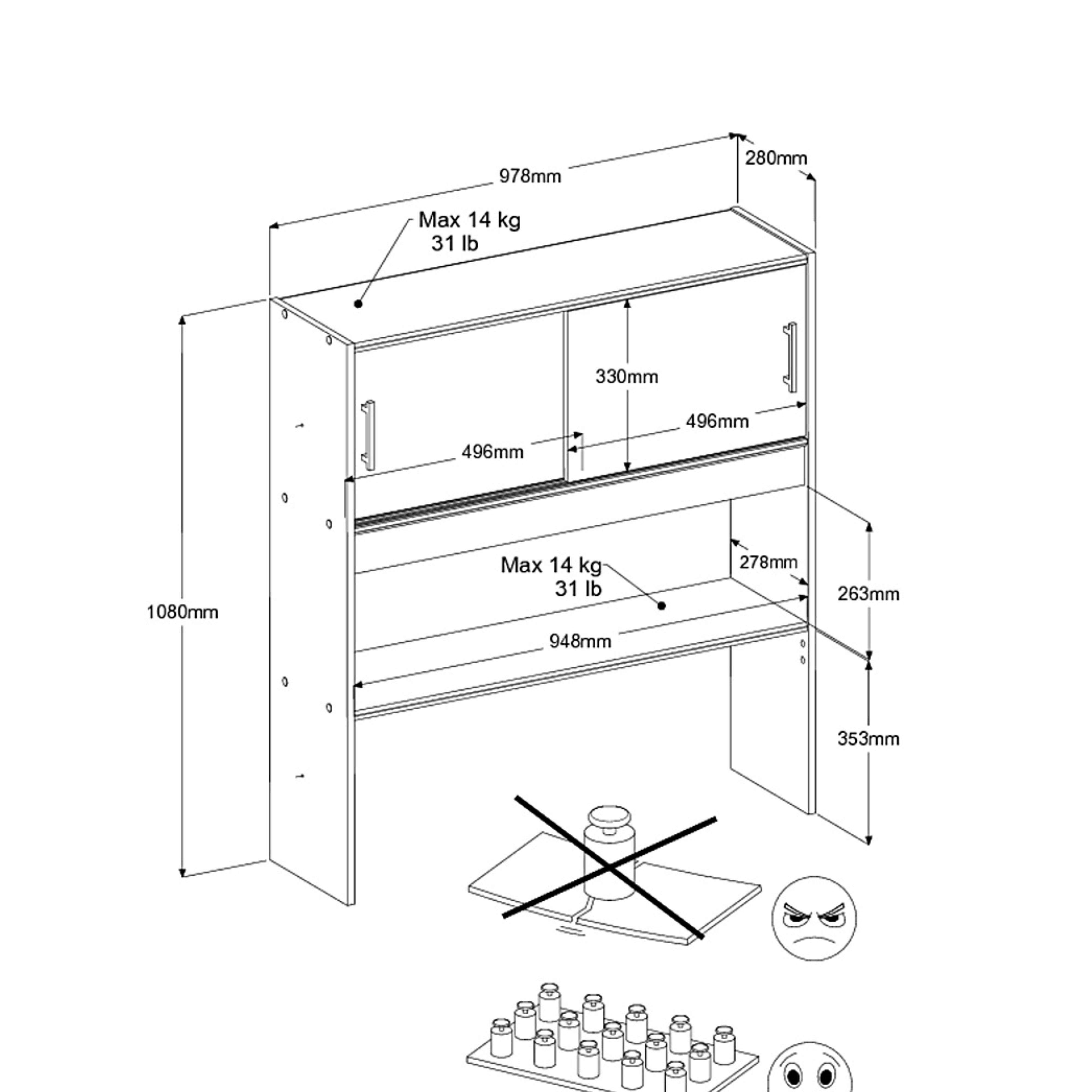 Dibujo técnico de un armario con dimensiones y límites de peso.