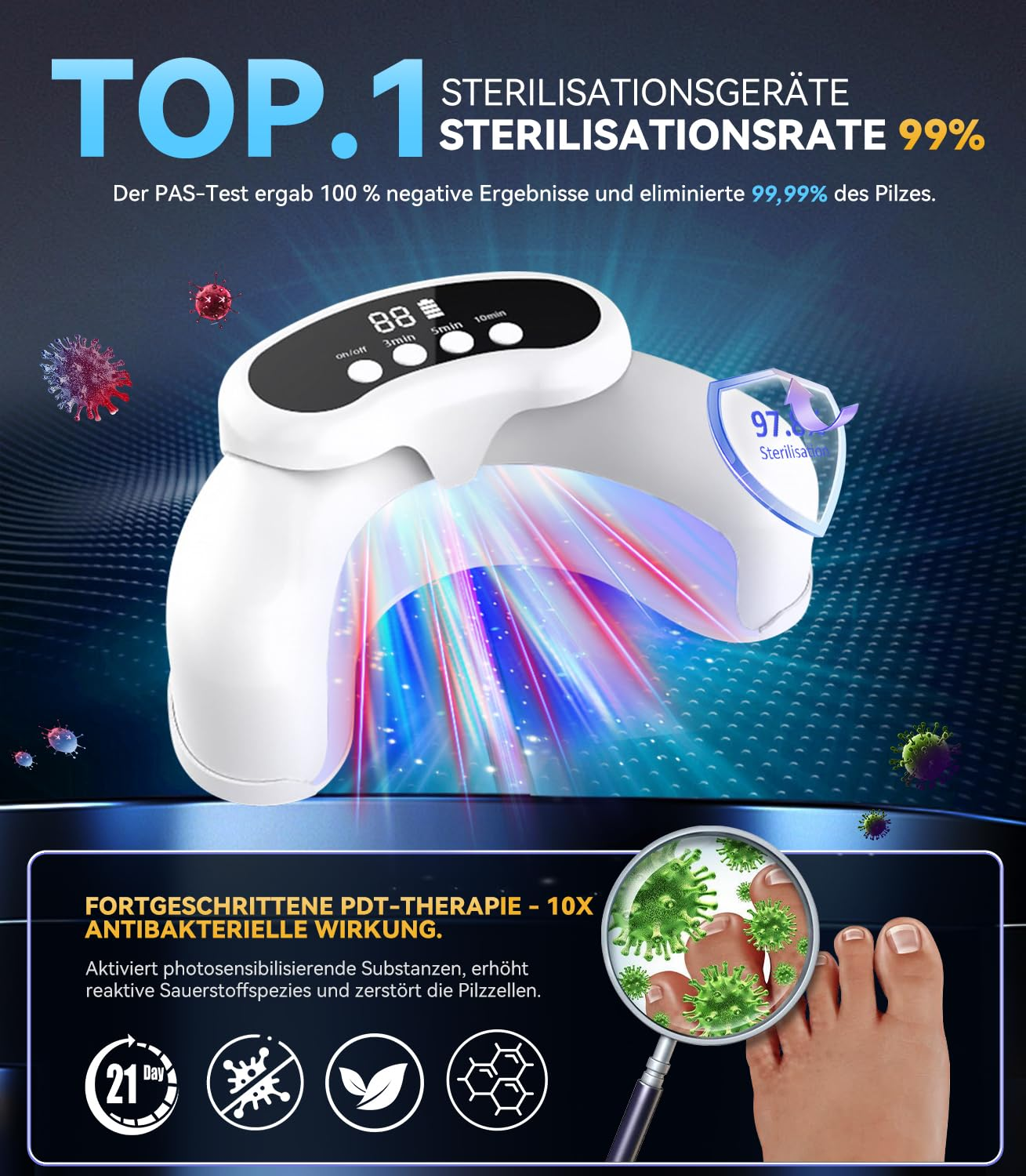 Weißes Sterilisationsgerät mit Lichtstrahlen, zeigt „TOP.1 STERILISATIONSRATE 99%