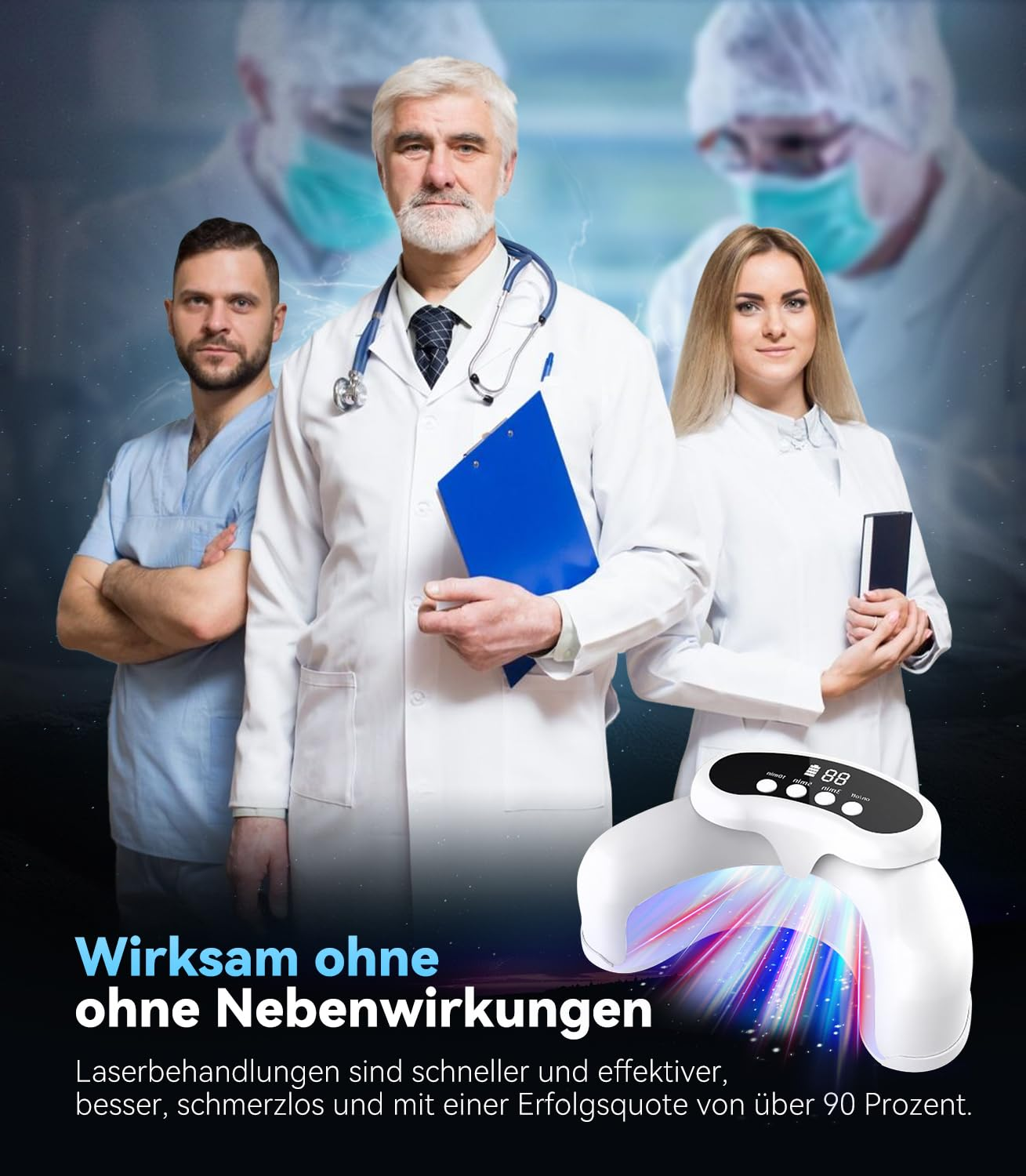 Ärzte mit einem medizinischen Gerät mit blauen und roten Laserstrahlen.