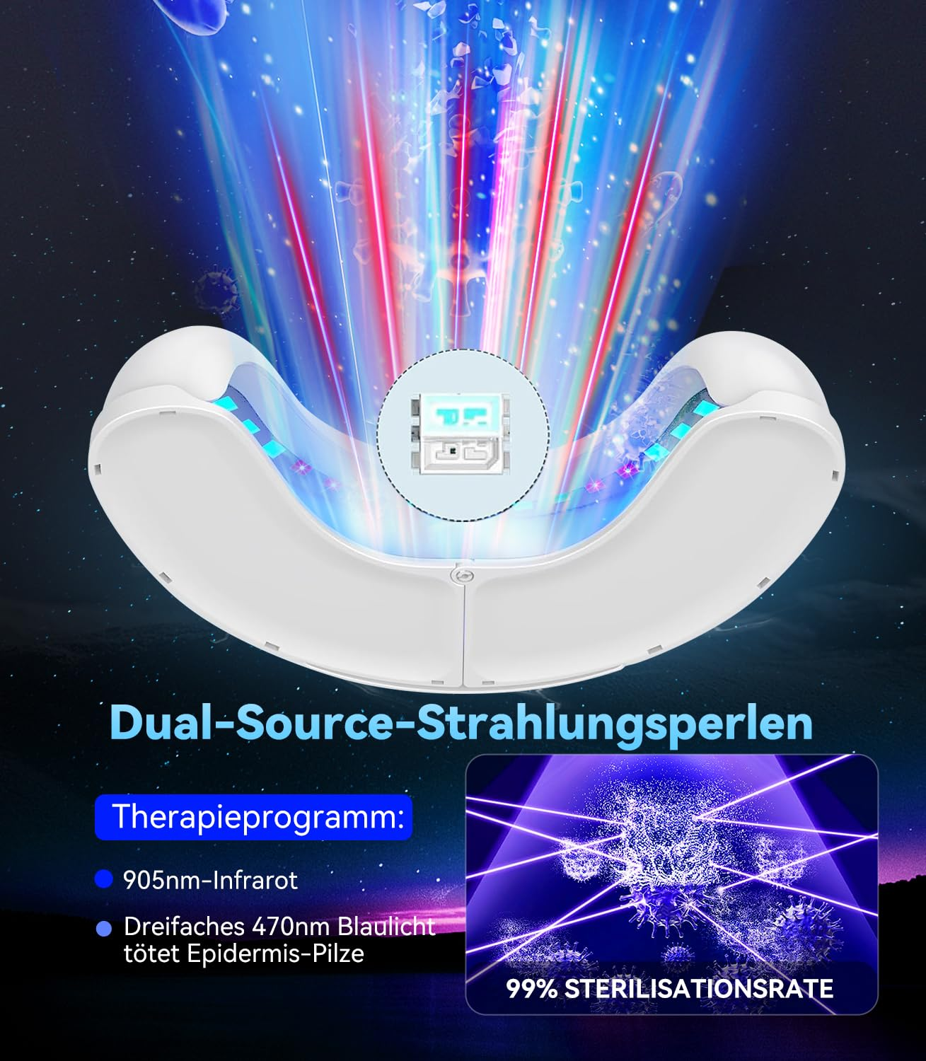 Ein weißes U-förmiges Gerät mit blauen und roten Lichtstrahlen und Viren-Grafik.