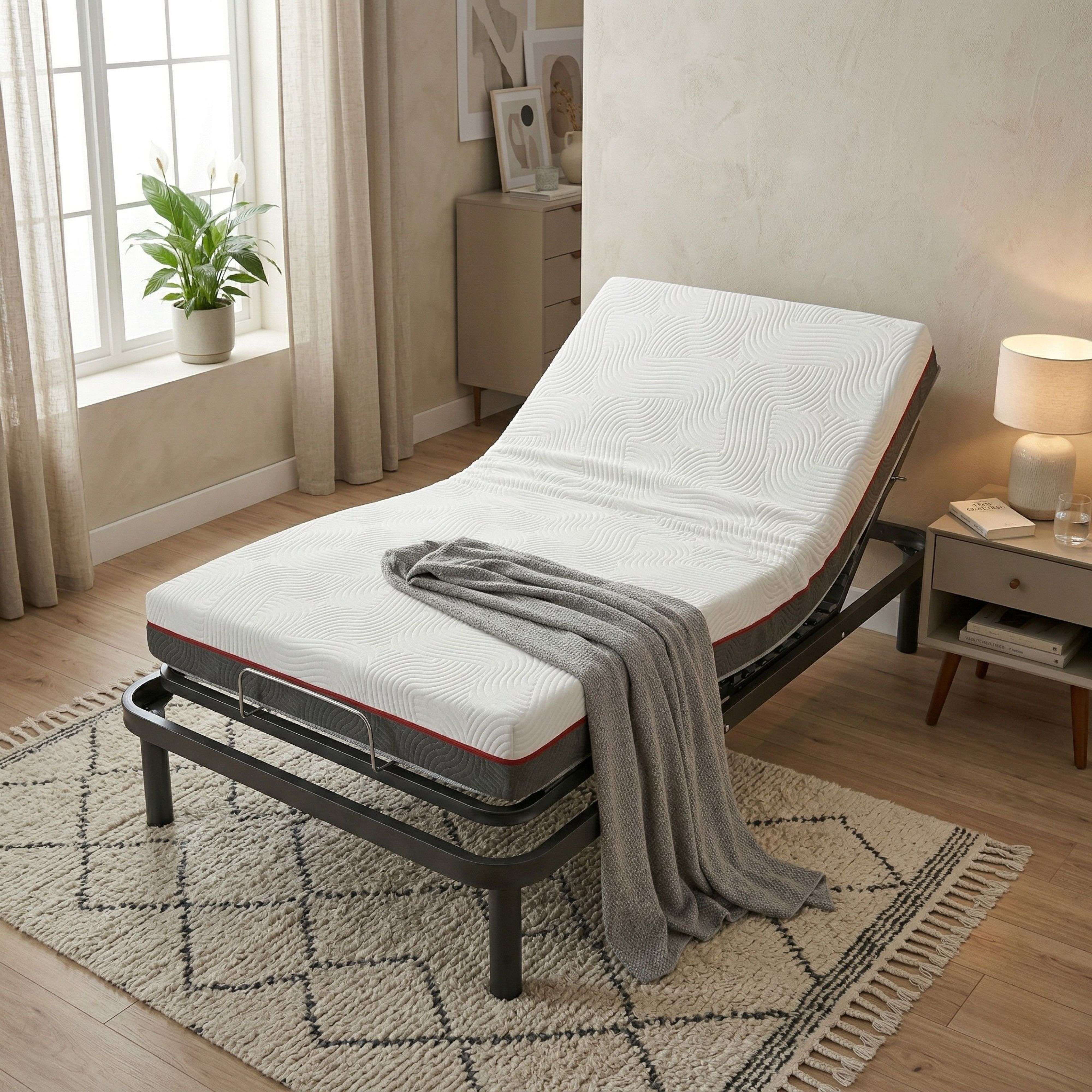 Una cama ajustable con colchón blanco y manta gris sobre alfombra.